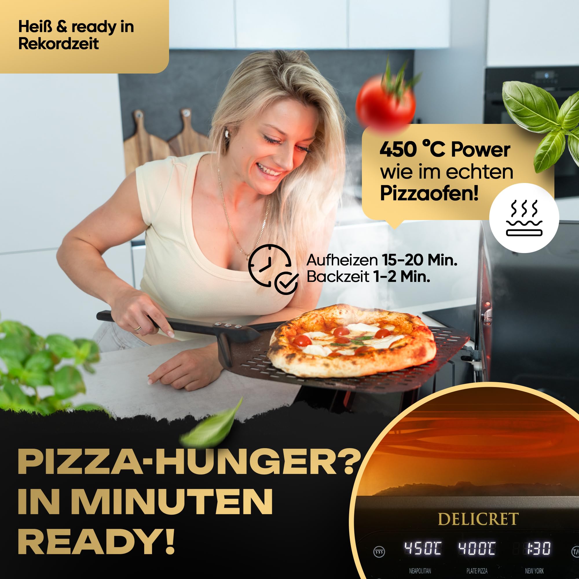 DELICRET elektrischer Pizzaofen 12" - bis zu 450℃ - 1700 Watt - Backraumtemperatur und Steintemperatur getrennt einstellbar
