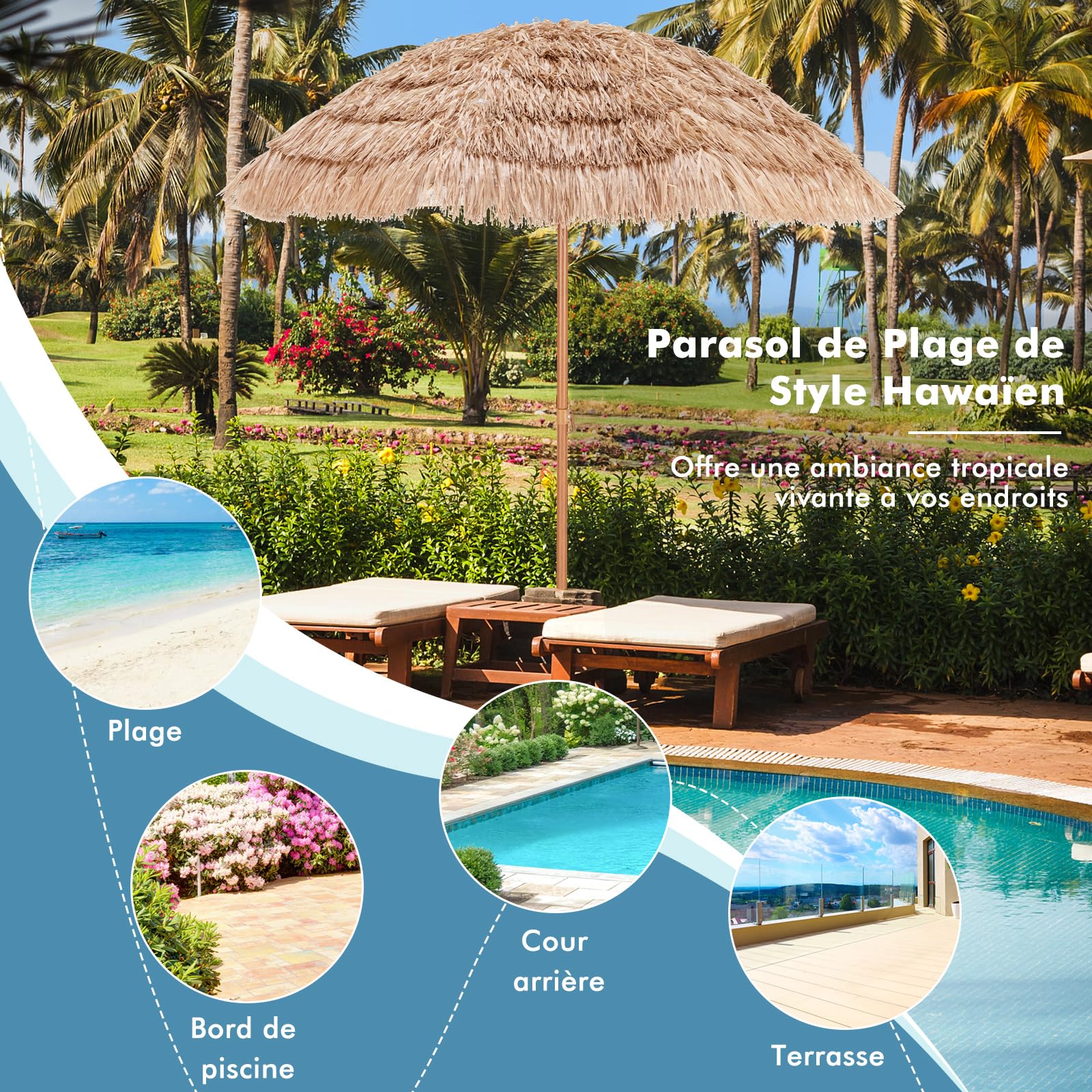 COSTWAY Parasol de Jardin Exterieur Ø220 cm, Parasol Balcon Solaire en Paille PP à 7 Couches, Style Hawaïen Exotique, 30° Inclinaison Réglable et Manivelle, 8 Baleines, pour Jardin Plage Piscine
