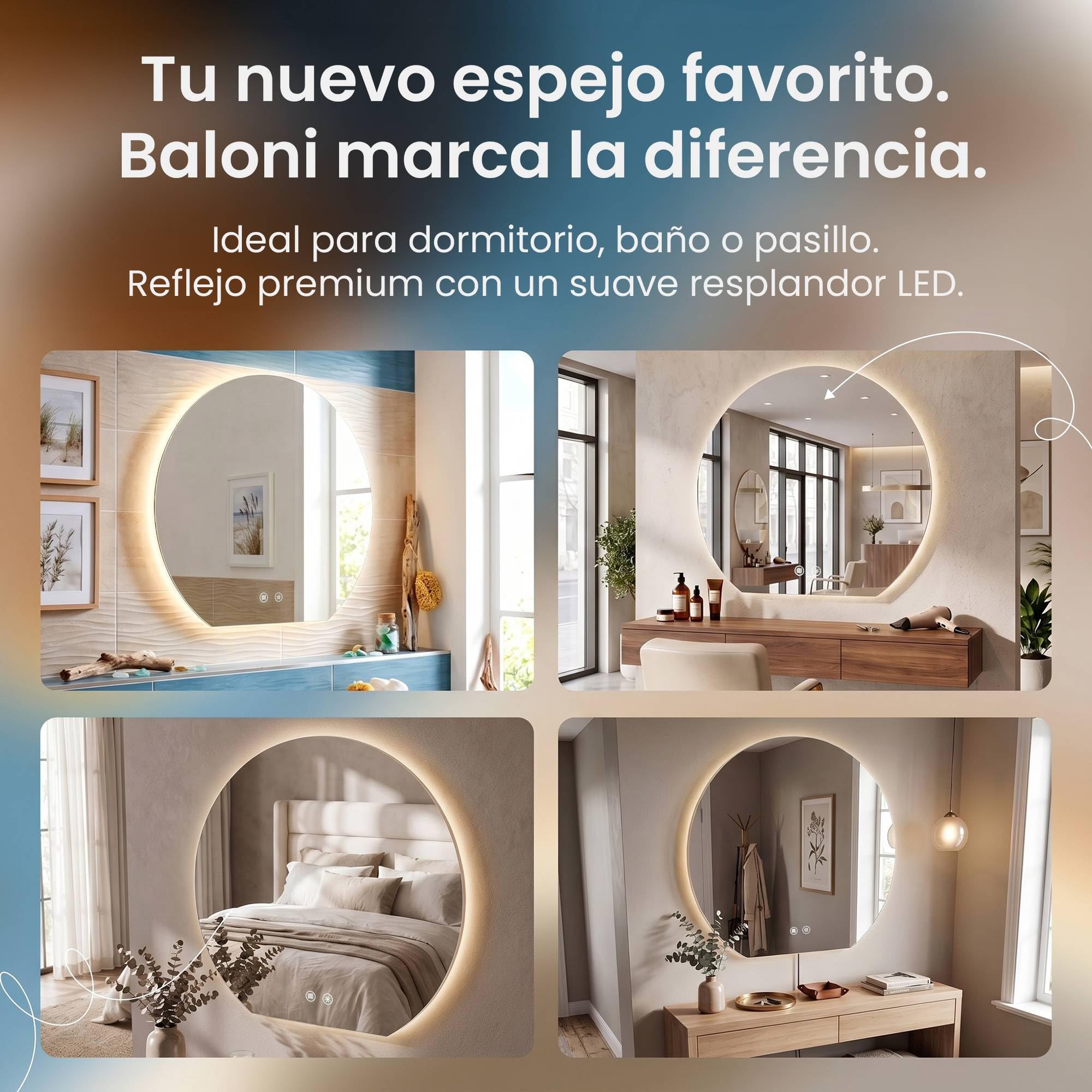 CLP Espejo de Bano LED semicircular, Espejo de Pared sin Marco con Sensor tactil, Regulable, 3 Tonos de luz, antivaho Baloni, Tamaño:Ø 60