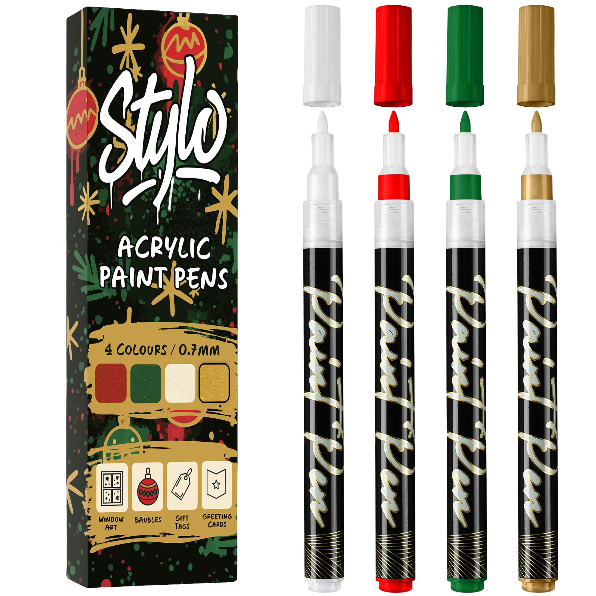 Stylo Metallic Acrylic Paint Pens - White, Gold, Red and Green Permanent Acrylic Markers for Christmas Cards, Glass, Ceramic, Rock Painting, Ideal for Arts and Crafts — image 1