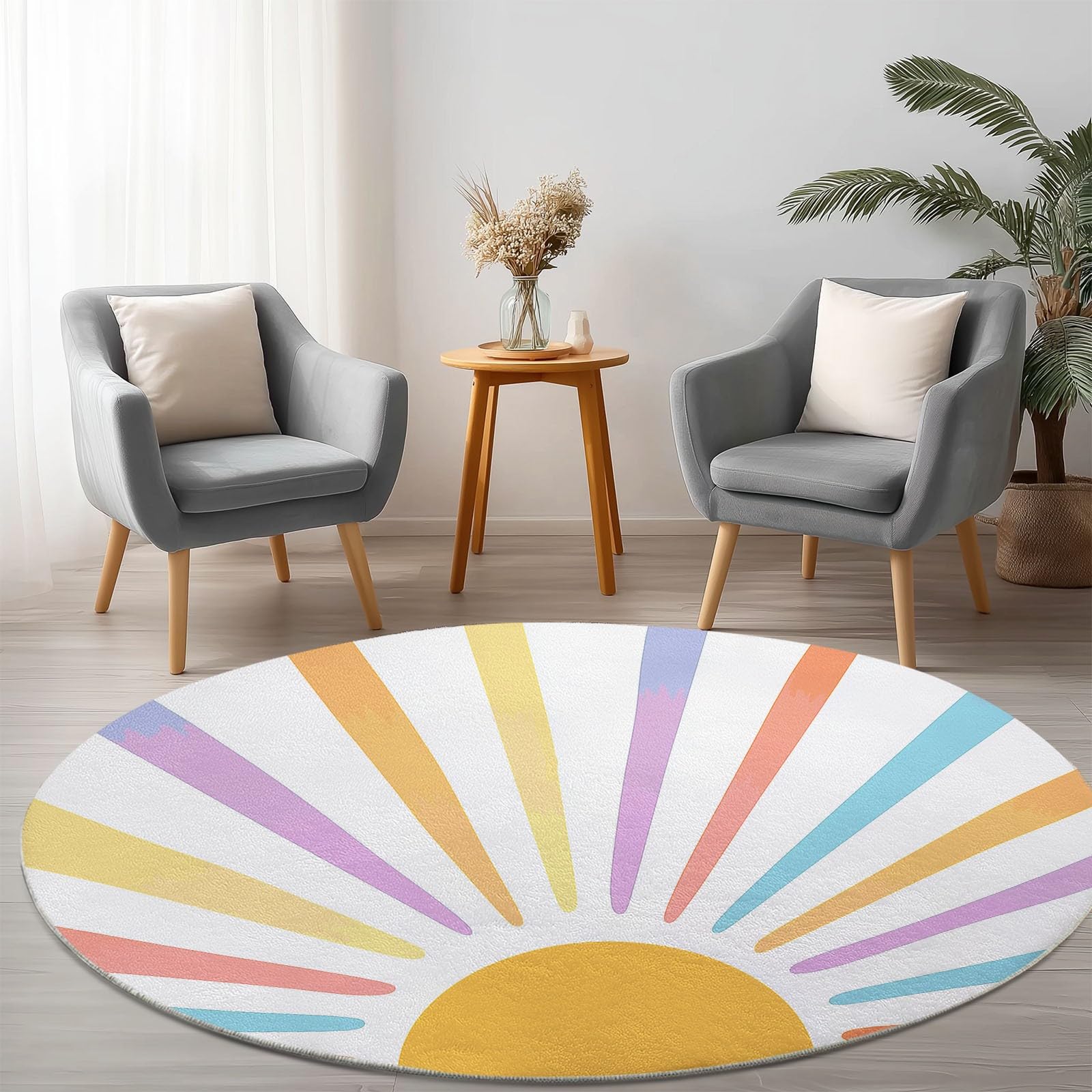 Generisch Mehrfarbig Teppich Rund Waschbare rutschfest Teppiche, Boho Stil Sonnenstrahlen Bedruckter Kurzflor Teppich - Langlebig und Pflegeleicht Ø 160 cm für Wohnzimmer Schlafzimmer Kinderzimmer