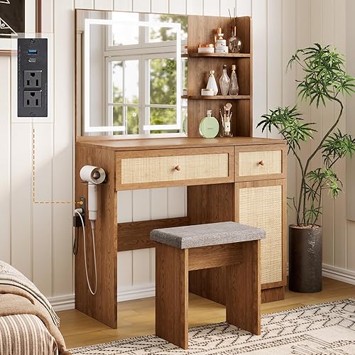 Vista 8 de Yechen - Tocador de 35" estilo bohemio con espejo iluminado con LED y regleta de enchufes, juego de mesa de maquillaje de madera con cajones