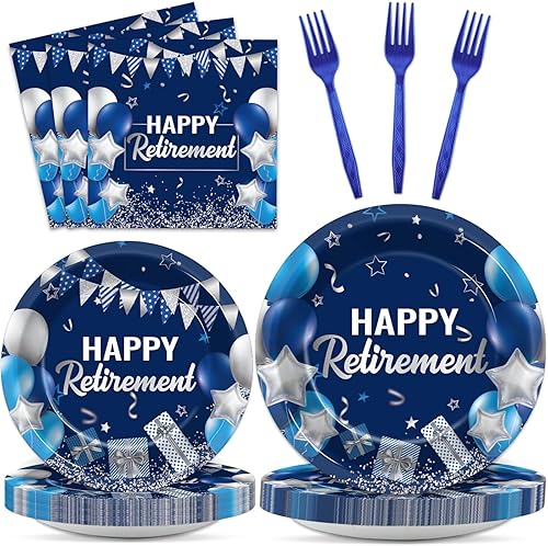 gisgfim Juego de 96 platos y servilletas para fiesta de jubilación, suministros de papel, para fiesta de jubilación, color azul y plateado, regalos