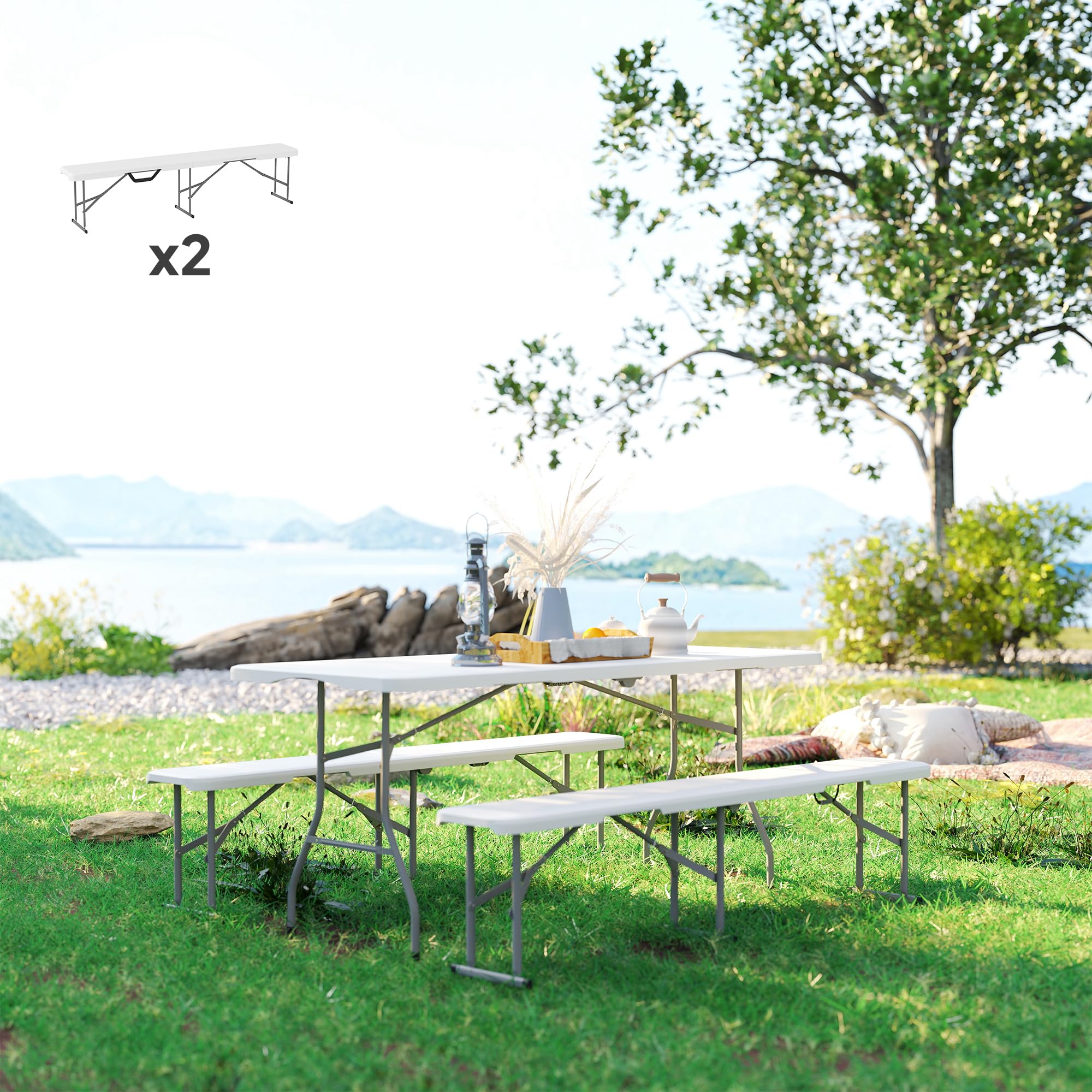 Outsunny Banc de Jardin Lot de 2 bancs pliants 182 x 28 x 42 cm avec poignée de Transport en Métal et HDPE pour Camping, Fête, Pique-Nique, Blanc