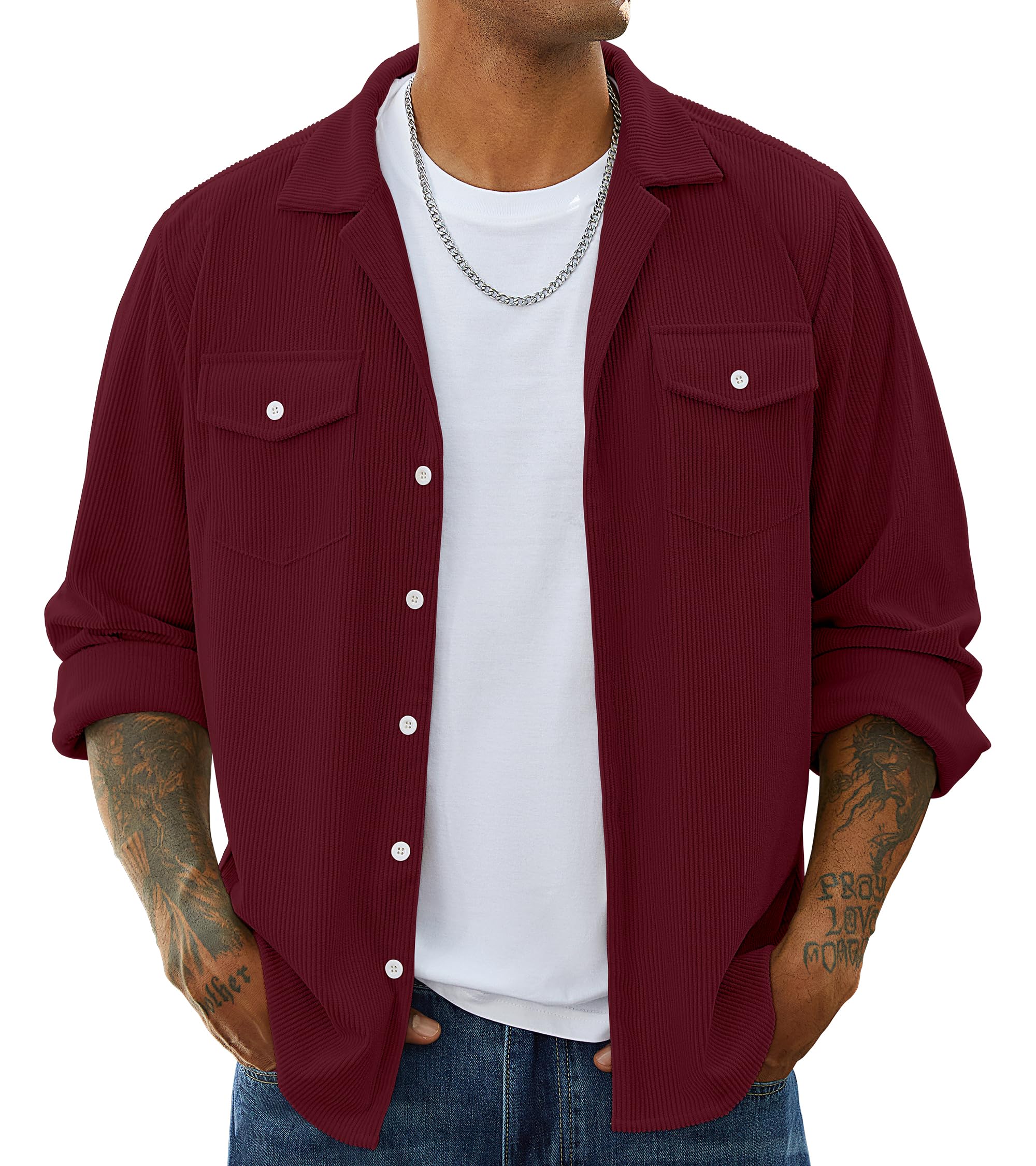 hawalili Mens Corduroy Jacket Shirts Long Sleeve Button Down Shacket Jacket with Flap Pockets