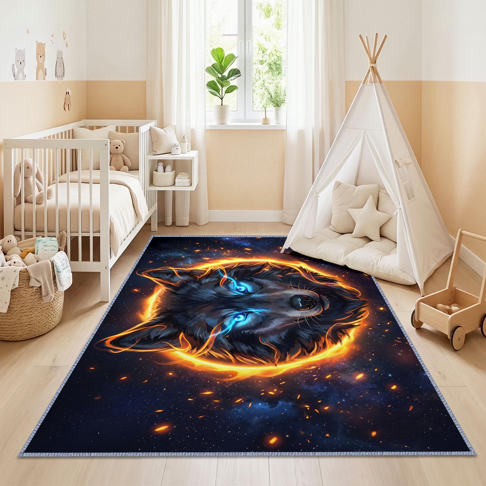 Générique Tapis Animal Tête De Loup Bleu Foncé d’intérieur Durable, Facile à Nettoyer 120x170 cm, Moderne Funky Tapis pour Salon, Chambre, Cuisine ou entrée