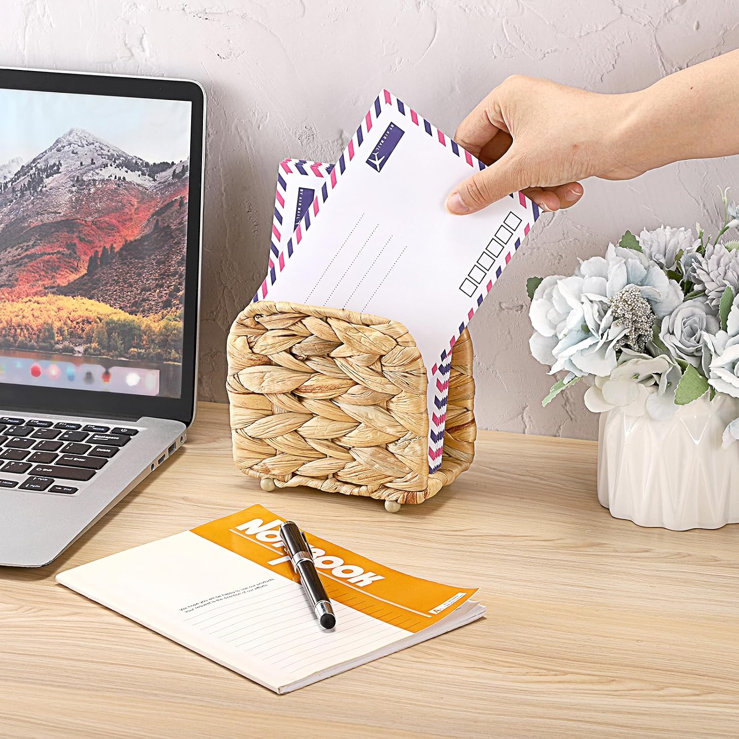 BTSKY Vertical Mail Organizer for Desk - Sturdy Wicker Letter Holder & Envelope Basket, Rustic Handwoven Desktop File Storage with Iron Frame, Home Office Decor, 5.5"x2.7"x4.9", Natural image 2