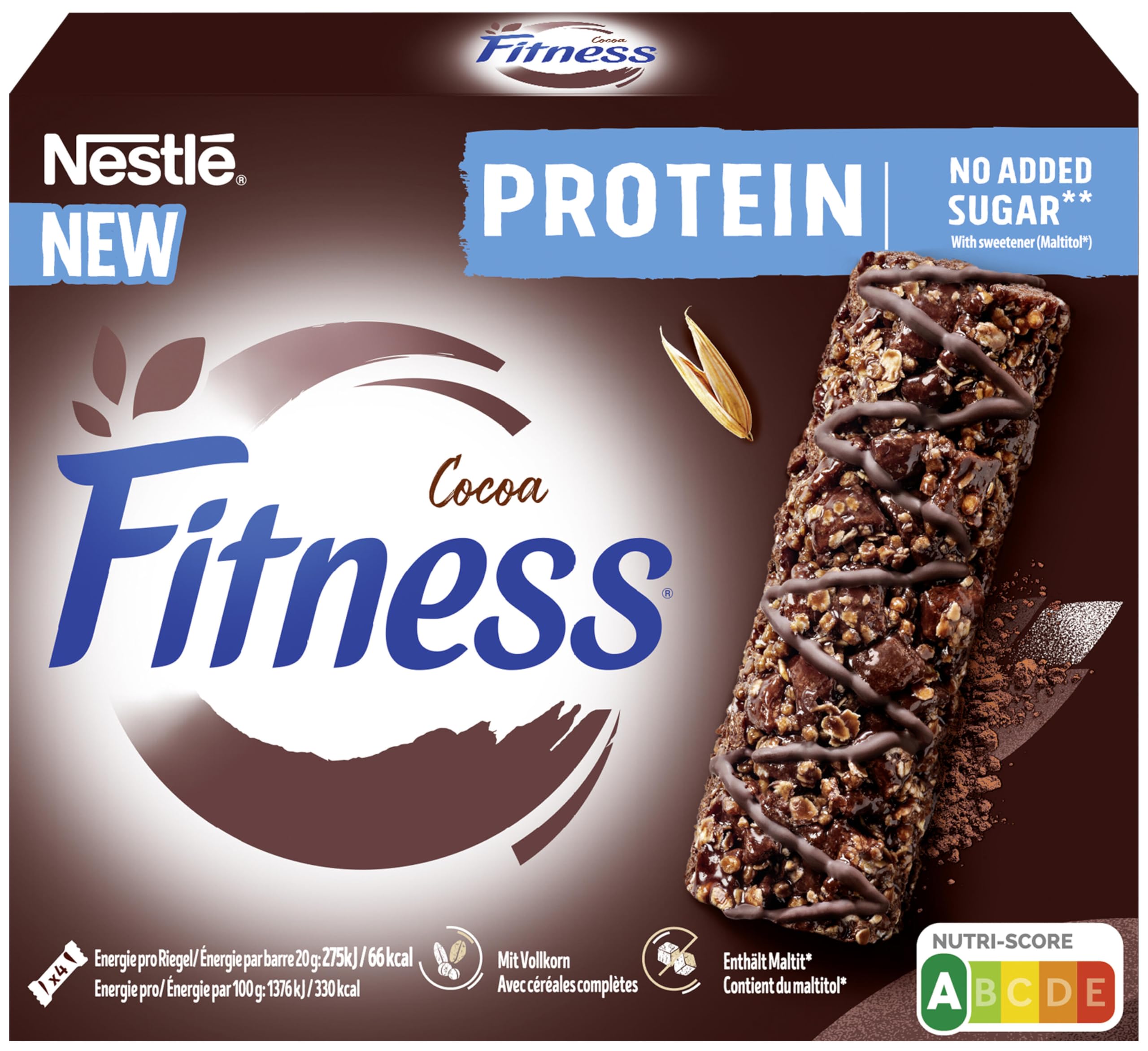 Nestlé FITNESS Protein Cocoa NO ADDED SUGAR Proteinriegel, Frühstücksriegel mit Protein, ohne Zuckerzusatz, 1er Pack (à 4 x 20g)