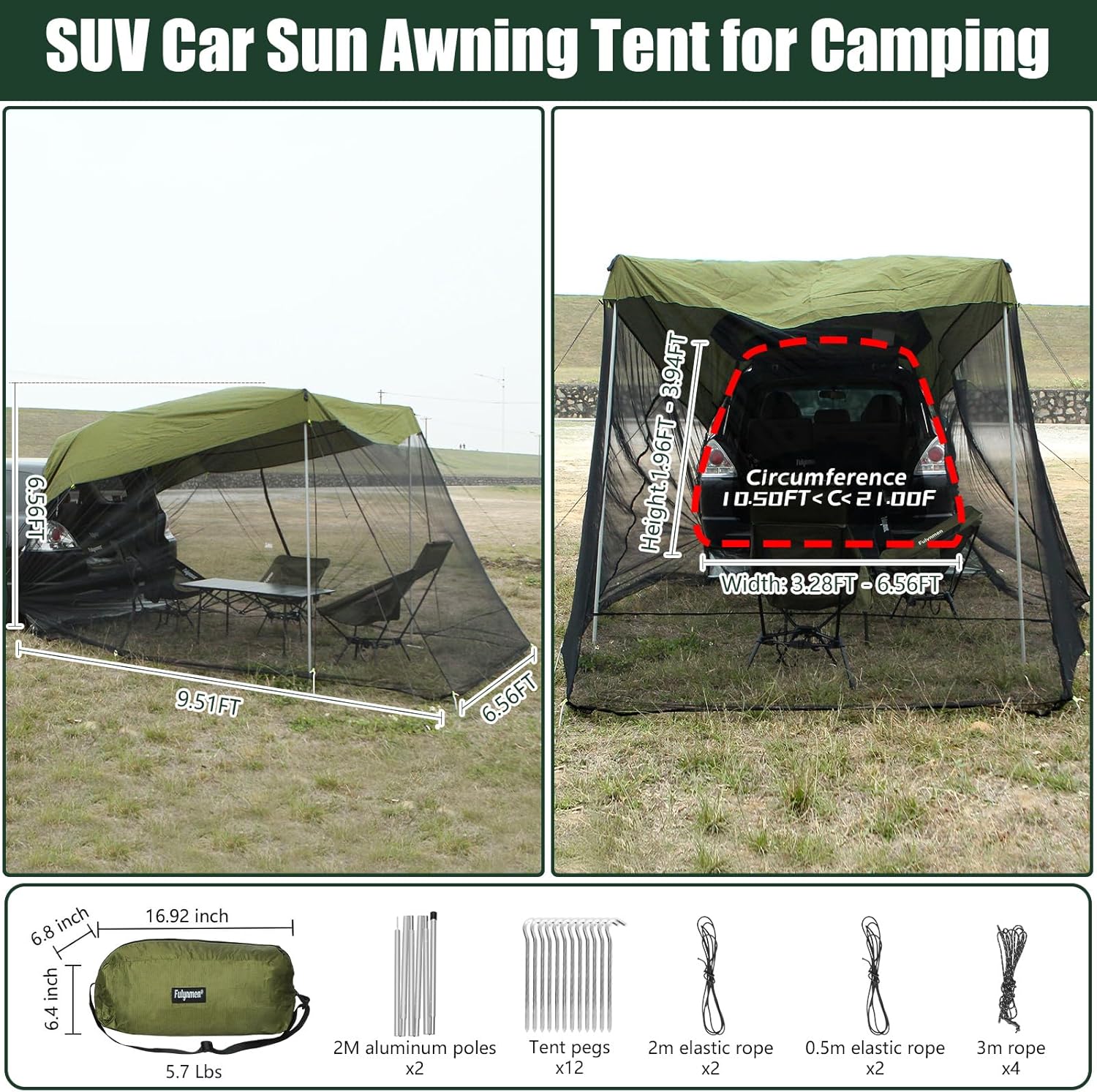 SUV Tailgate Tent Car Awning SUV Tent Attachment for Camping Car Tents for Camping SUV with Mosquito Net Ventilation and Airflow Design for Outdoor Carry Bag 9.5FT X 6.5FT X 6.5TF Army Green SUV Tailgate Tent Car Awning SUV Tent Attachment for Camping Car Tents for Camping SUV with Mosquito Net Ventilation and Airflow Design for Outdoor Carry Bag 9.5FT X 6.5FT X 6.5TF Army Green