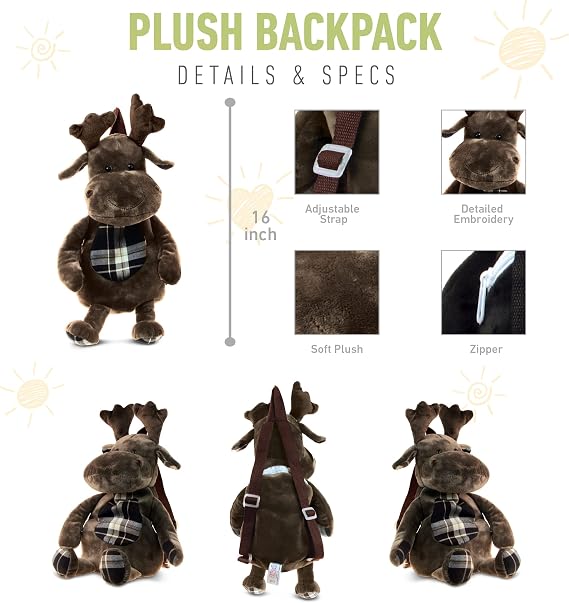 Puzzled DolliBu Moose Stuffed Animal Backpack - Super Soft Plush Stuffed Animal Bag for Children Accessories, Kids First Travel Plush Bag Toy for Boys & Girls- 14