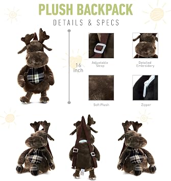 Puzzled DolliBu Moose Stuffed Animal Backpack - Super Soft Plush Stuffed Animal Bag for Children Accessories, Kids First Travel Plush Bag Toy for Boys & Girls- 14