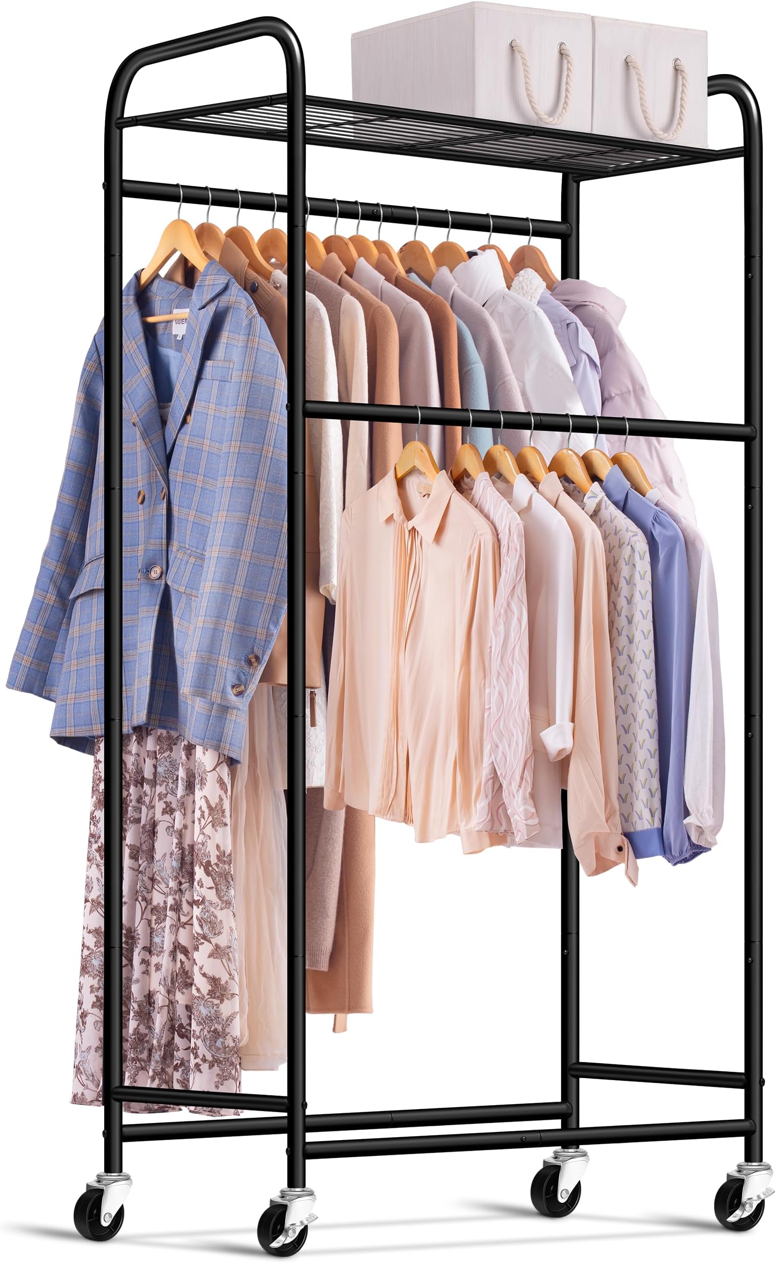 AOODA Double Rod Long Clothing Racks for Hanging Clothes, Heavy Duty Rolling Garment Rack with Top Shelves, Portable Closet Wardrobe Cloth Storage with Wheels for Dresses, Coats, Shirts (Black)