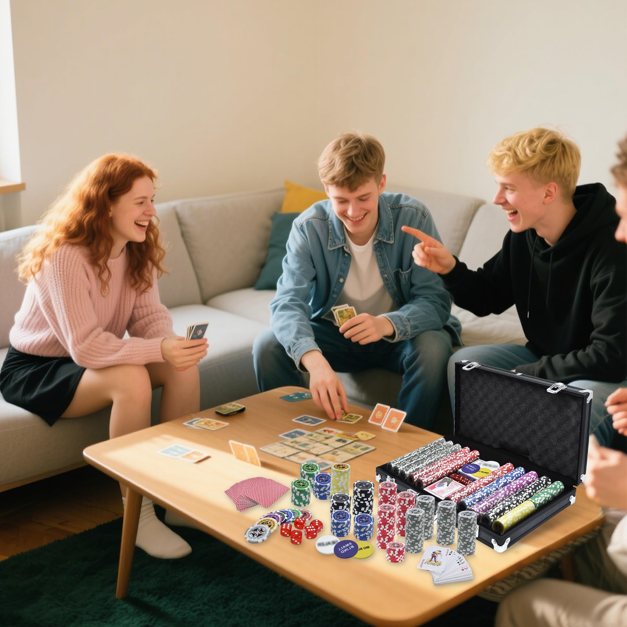 Mallette de poker avec 500 jetons laser, dont 2 decks de poker, 1 bouton dealer, 5 dés, 2 clés et boîtier en aluminium pour jeu de fête - Noir
