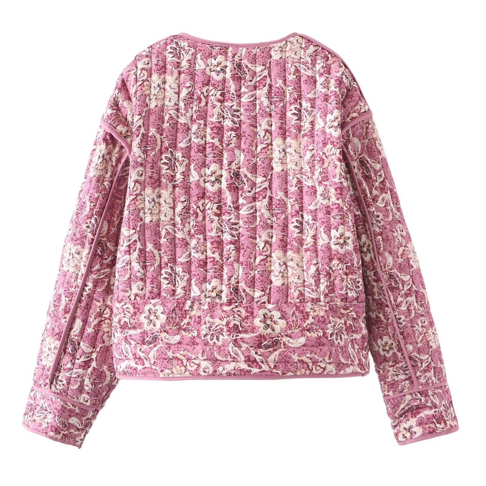 Veste Femme Doudoune Courte Cardigan à Imprimé Floral Vintage Veste Matelassée pour L'automne et l'hiver