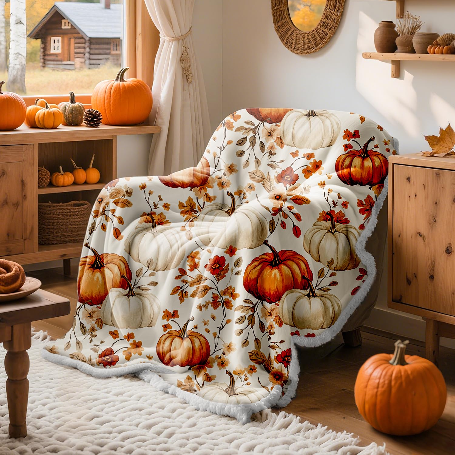 Lanpn Fall Pumpkin Flannel Throw Blanket, 460GSM Soft Warm Sherpa Fleece Throws, Orange Pumpkins Leaves Blanket for Couch Bed, Cozy Autumn Throw Blankets Farmhouse Thanksgiving Home Decor, 130x150