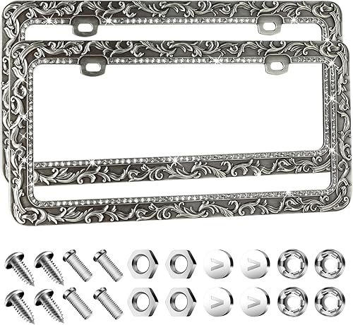 Miniatura 2 de Valor Marcos de metal de gel para placa de automóvil, estampado antiguo antiguo, diamantes de imitación de cristal incrustados, soporte universal de