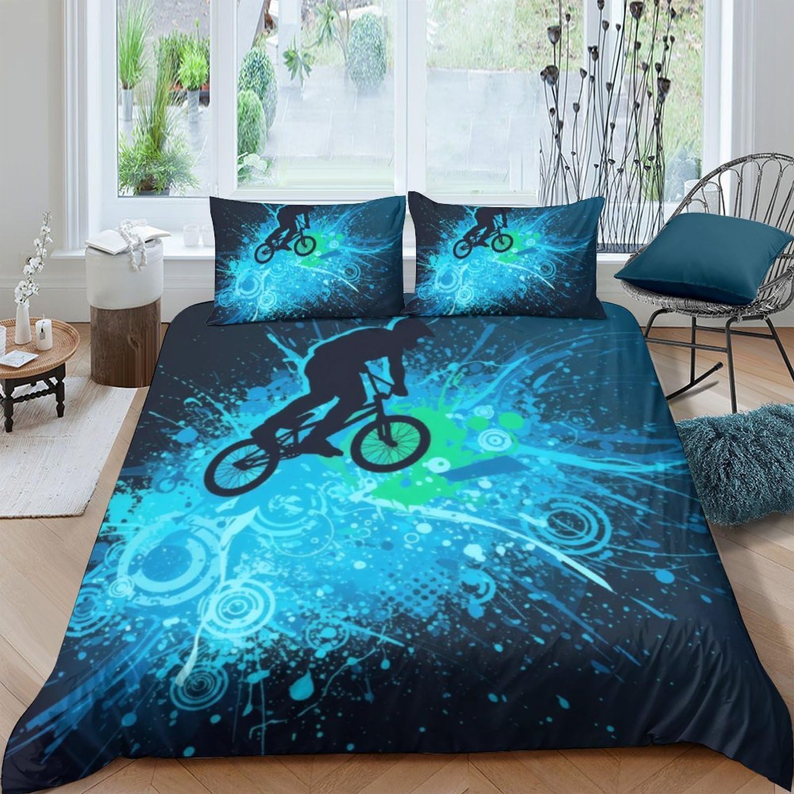 Ctjqhvkz Style-7 3D Printed Blue Graffiti Bmx Bike Fitted Sheet Microfiber Breathable Mattress Cover For Bedroom Decor Dorm Room Single（135X200cm）