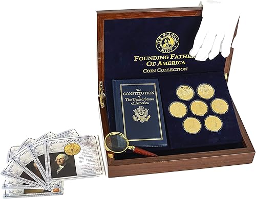 The Franklin Mint Founding Fathers Coin Collection - 7-Piece 24-Karat Gold-Plated Collectible Coins with Wood and Metal Storage Box - United States