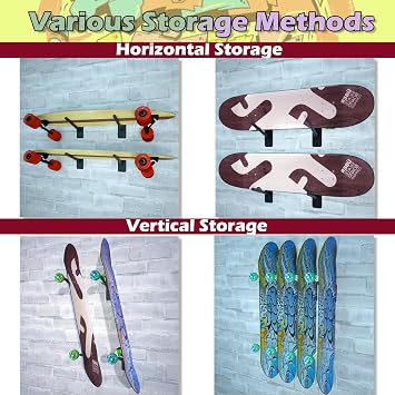 Skateboard Wall Mount Skateboard Hanger Skate Deck Display Holder Skateboard Hook Ski Rack for Garage Longboard Rack Snowboard Storage (4pcs)