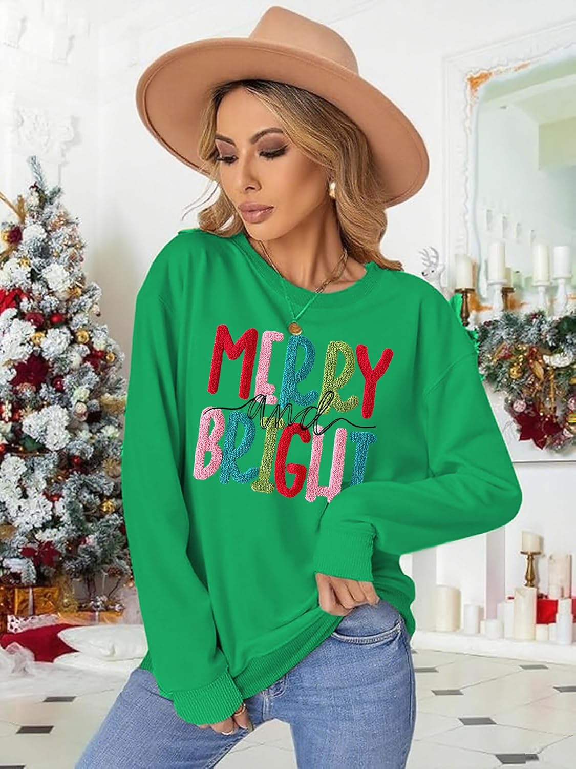 Christmas Sweatshirt Women Merry And Bright Christmas Pullover Shirt Novelty Chenille Patch Xmas Gift Holiday Top - Image 2