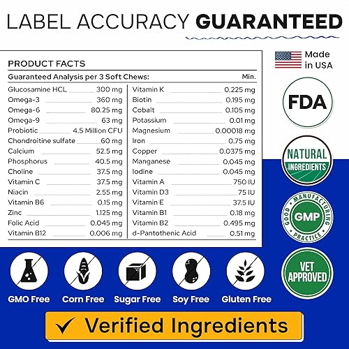 Miniatura 2 de Vitaminas para perros + glucosamina, multivitaminas masticables + probióticos, omega, soporte de cadera y articulaciones, piel y abrigo, salud