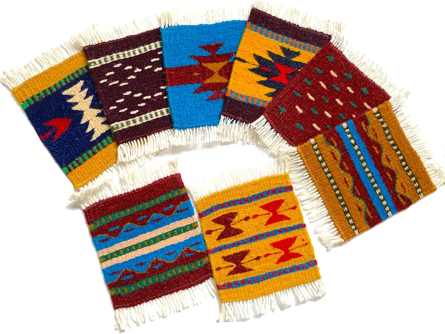 Zapotec Wool Rug Mug Coasters, Set of 8 Mini Tapestry, Muticolor Geometric Coasters