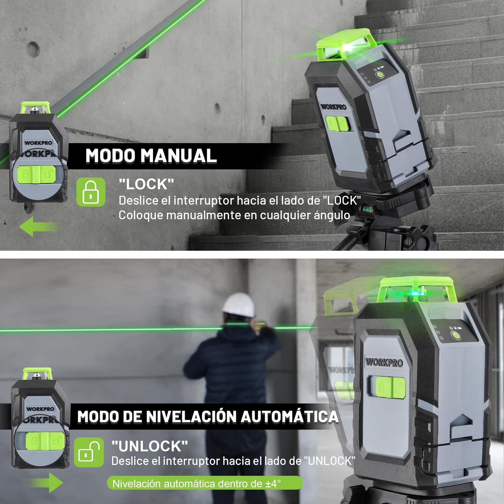 WORKPRO Nivel Láser 360° con Trípode, 30m, Láser Verde | Línea Horizontal, Vertical y Cruzada con 3 Modos, Soporte Magnético, Trípode Ajustable y Bolsa de Transporte