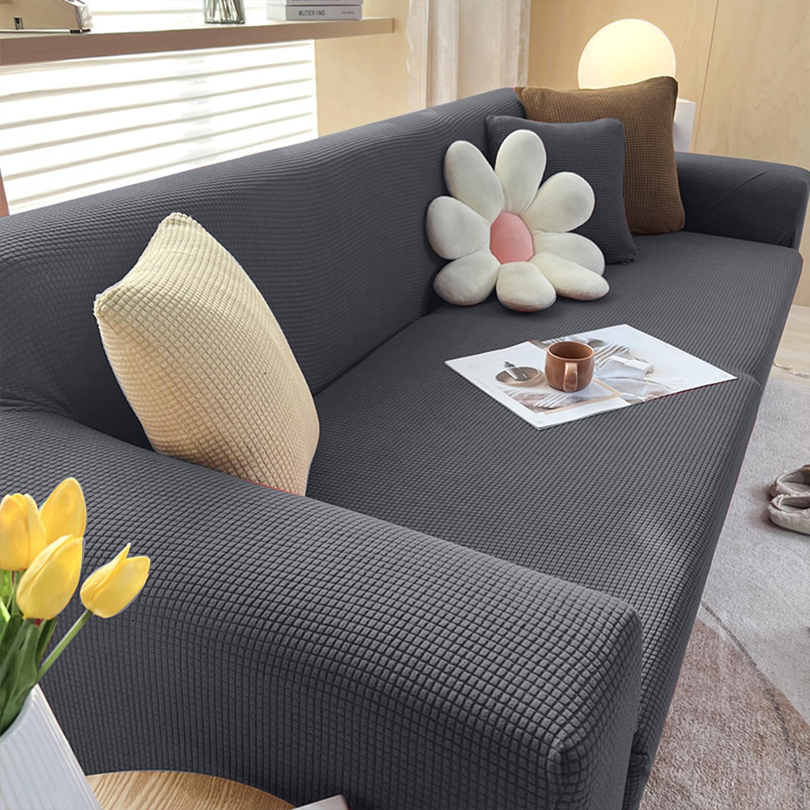 Housse de canapé 5 places extensible gris jacquard pour animaux
