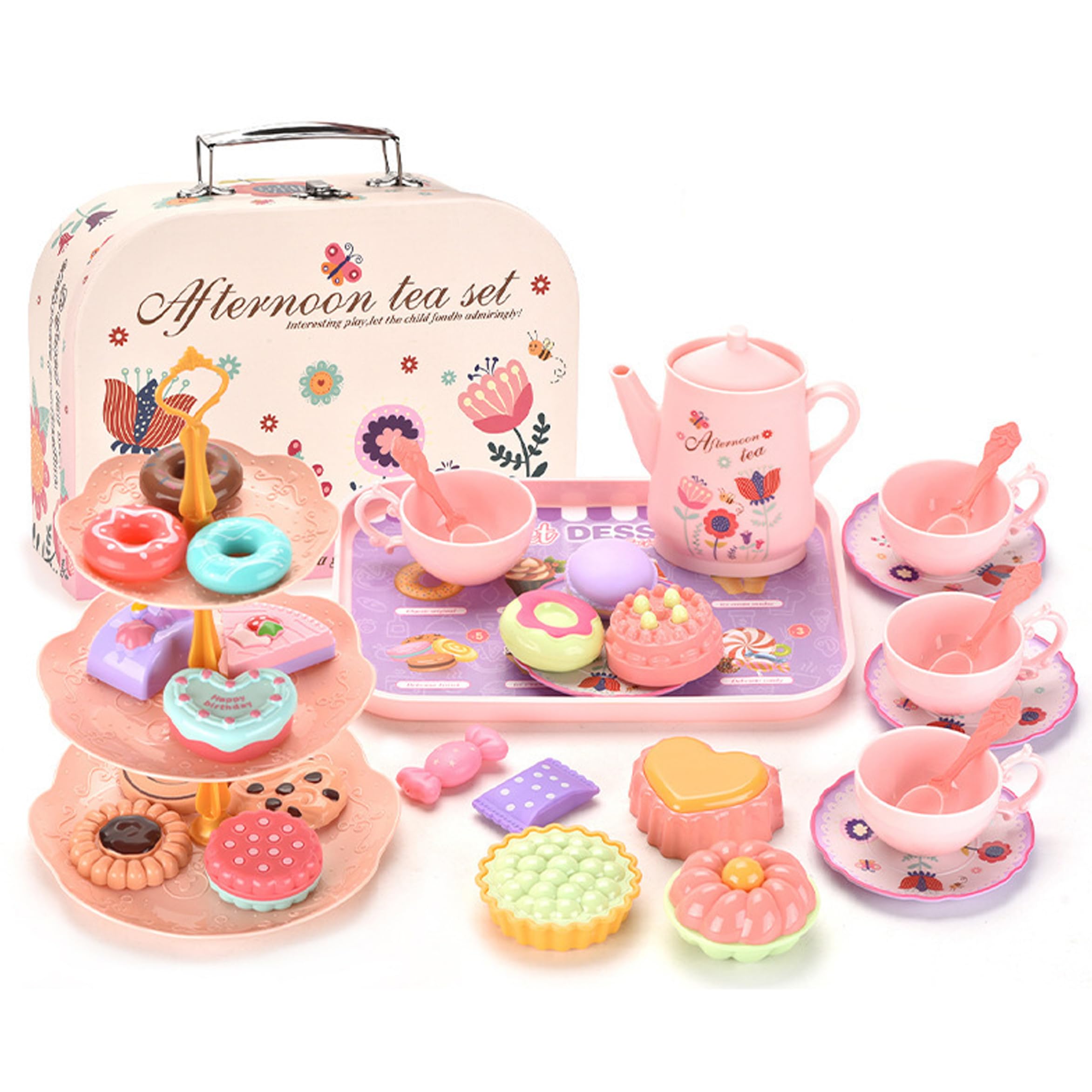 Service à thé Jouet, 42 pièces, Ensemble de thé pour Enfants, Filles avec des Motifs Arc-en-Ciel, Jouet de Simulation en Plastique sûr avec boîte Transport, à partir 3 Ans