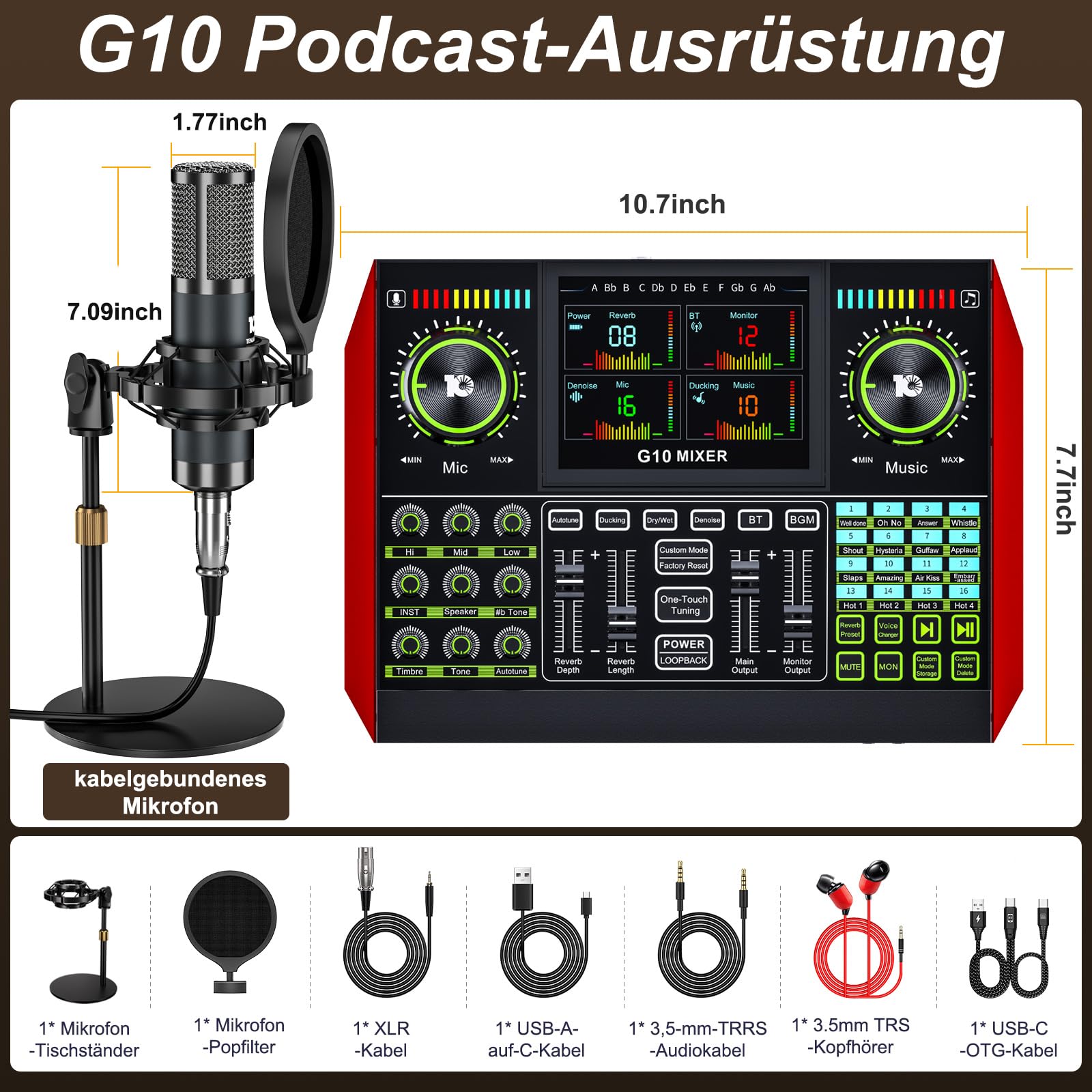 Podcast-Mikrofon-Set mit G10 Audio-Mixer & P15 Kondensatormikrofon | Geeignet für Livestream, Gesang, Gaming & Stimmveränderung an PC/Mobilgerät mit integrierter Geräuschunterdrückung