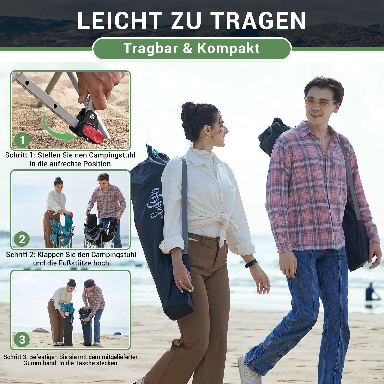 #WEJOY 2-in-1 Campingstuhl Faltbar mit Fußstütze, Gepolstert Liegestuhl mit Verstellbarer Rückenlehne, Relaxsessel Liege mit Getränkehalter, Liegestuhl für Outdoor Camping Cyan 2er Set