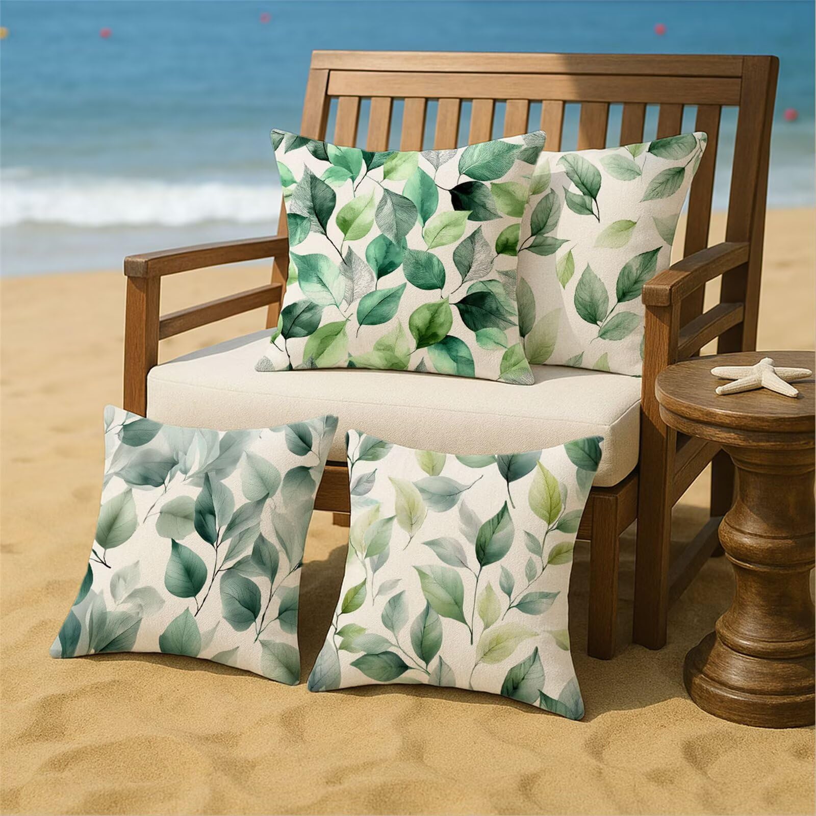 Fundas Cojines 55x55 cm Juego de 4 Verde Cojines Exterior Impermeable Terciopelo Impresión de Doble Cara Beige Fundas para Almohadas Sofa,Decorativos Patio Jardín Terraza Primavera Verano Gifts z-394