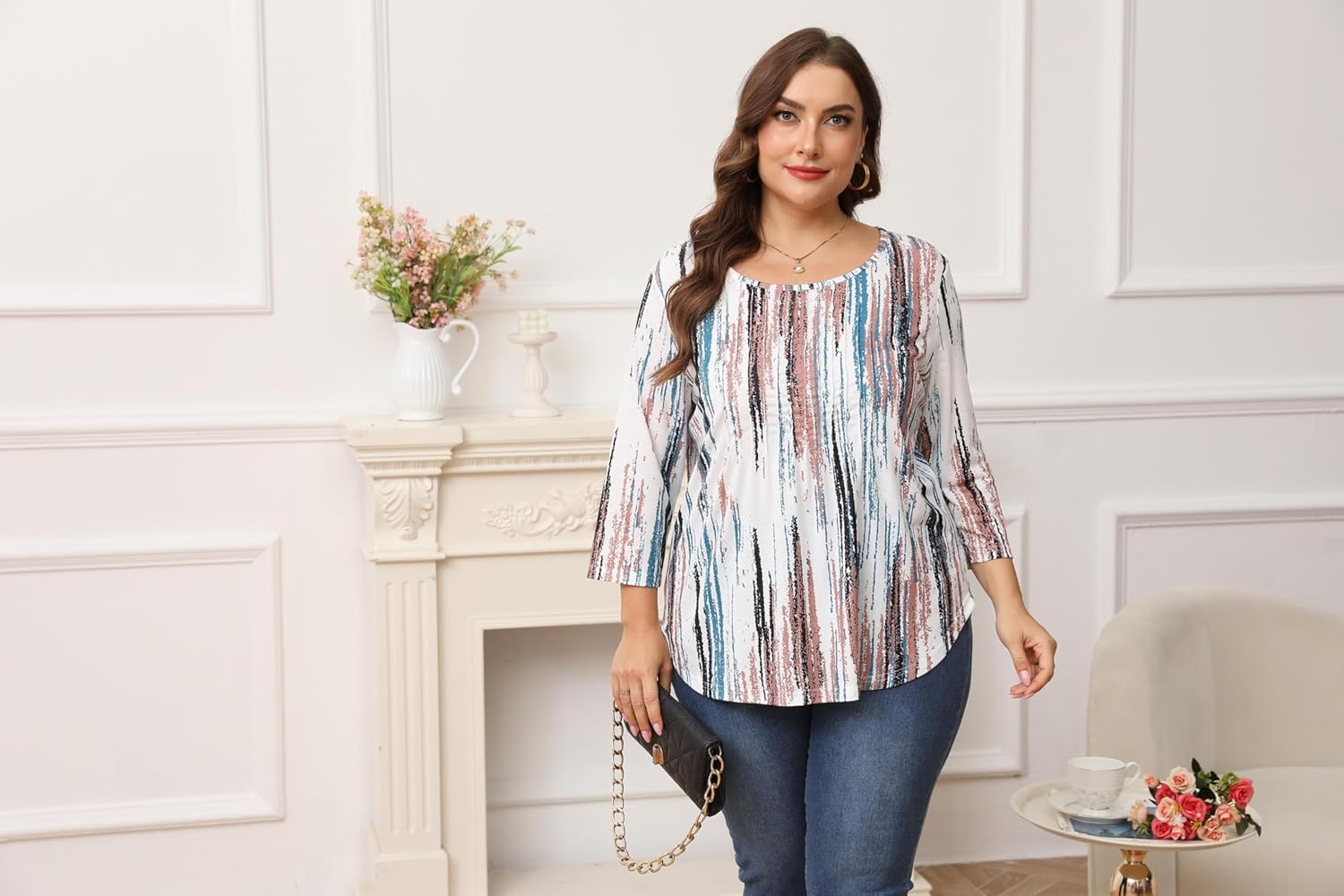 Womens Plus Size 3/4 Length Sleeve Tops Crewneck Pleated Loose Fit Casual Tunic Top Swing Shirts Blouses 1X-5X - Image 3