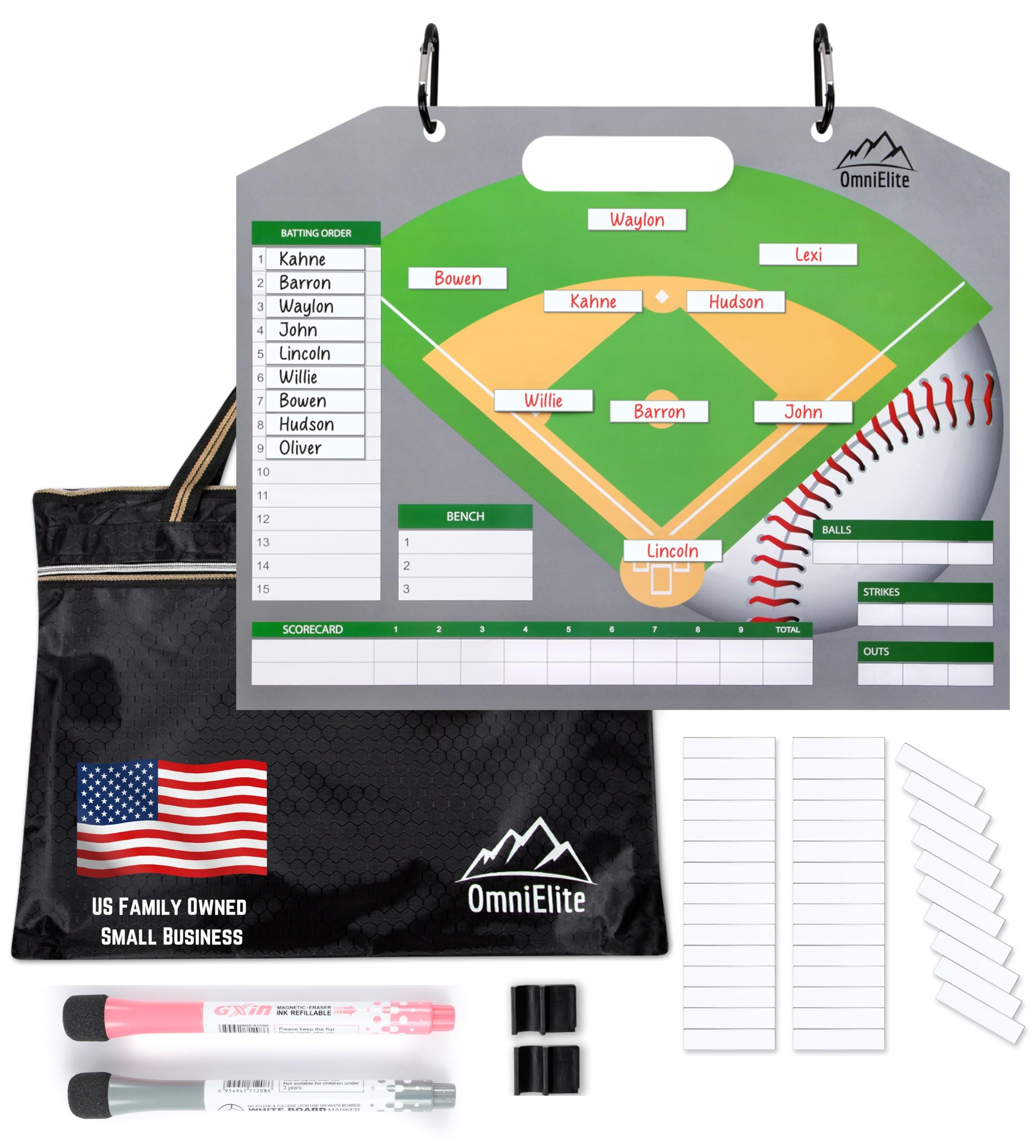 Magnetic Baseball Lineup Board for Dugout | Softball & Baseball Clipboard for Coaches | Dugout Organizer Includes 40 Magnets & Water-Resistant Carrying Bag for Storage and Transport | Designed in USA