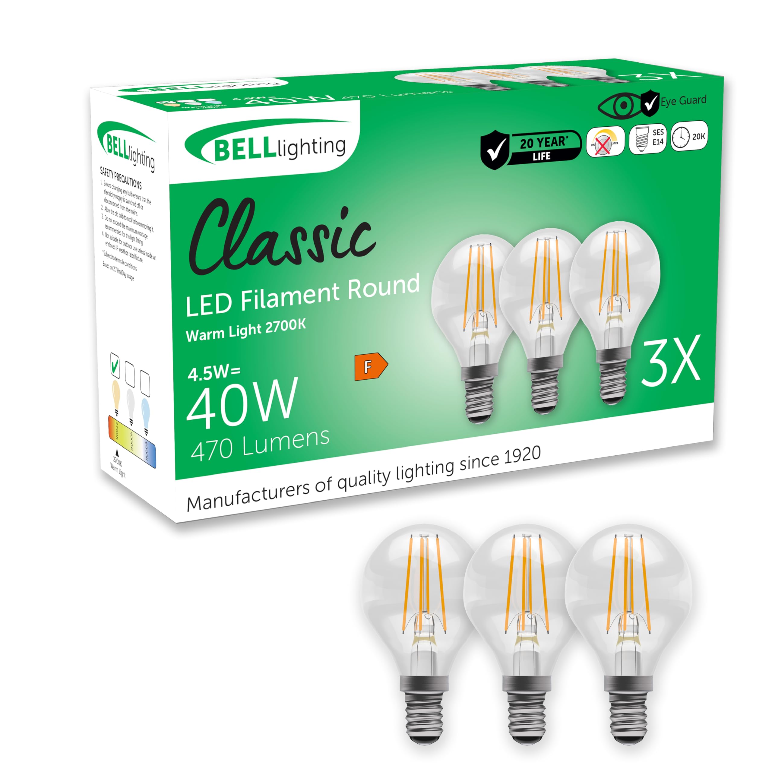 BELL Lighting E14 Energy Saving LED Filament Golf Ball Bulbs 4.5W 3 Pack