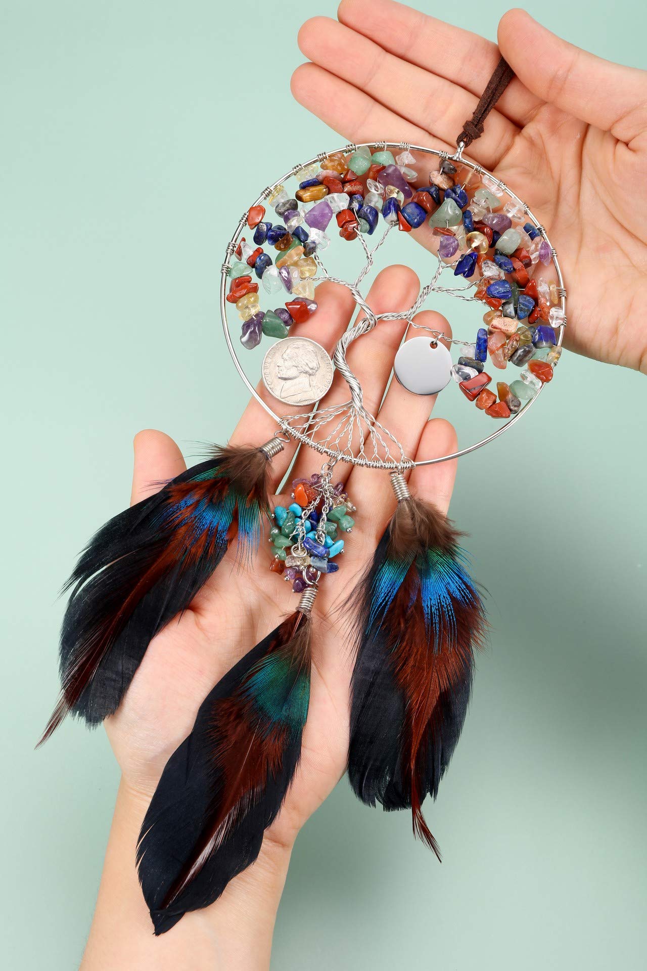 Personalized Master 7 Chakra Healing Crystals Tree of Life Feather Dream Catcher Hanging Ornament Custom Gemstones Wall Hanging for Good Luck Meditation Home Indoor Decor Car Decoration