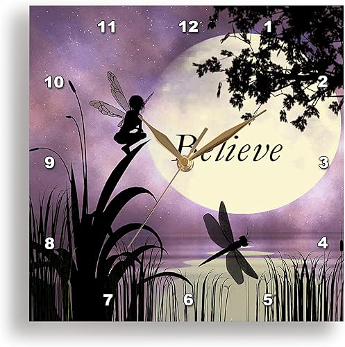 3dRose dpp_35696_1 Believe Fairy con libélulas con luna y cielo morado, reloj de pared, 10.0 x 10.0in