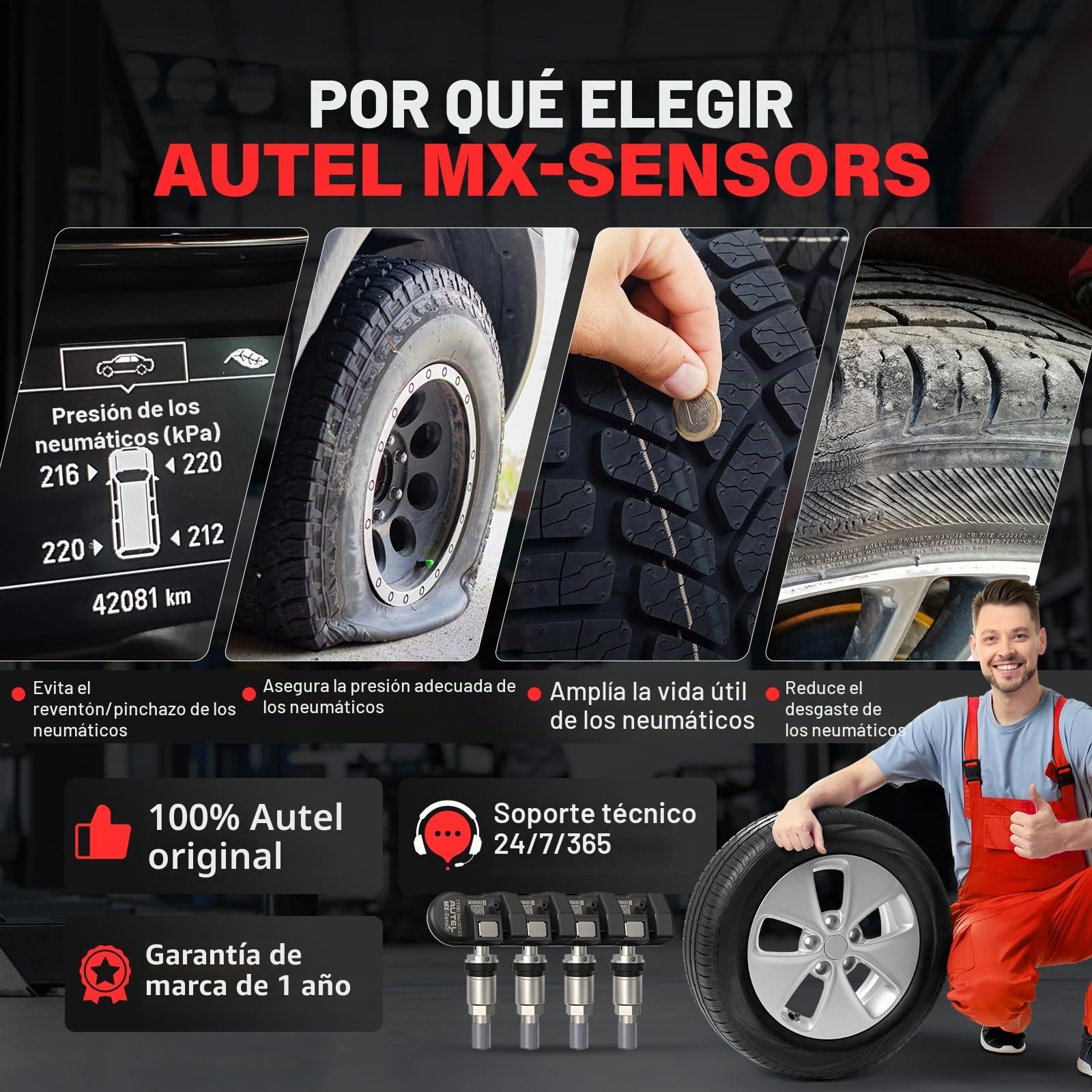 Autel MX-Sensor Doble Frecuencia, Sensores TPMS de Nivel OE para 98% Autos, Funciona con TS408S TS501Pro TS508WF TS601 TPMS Herramienta, Sensor de Neumáticos 100% Programable (Válvula de Metal, 4PCS)