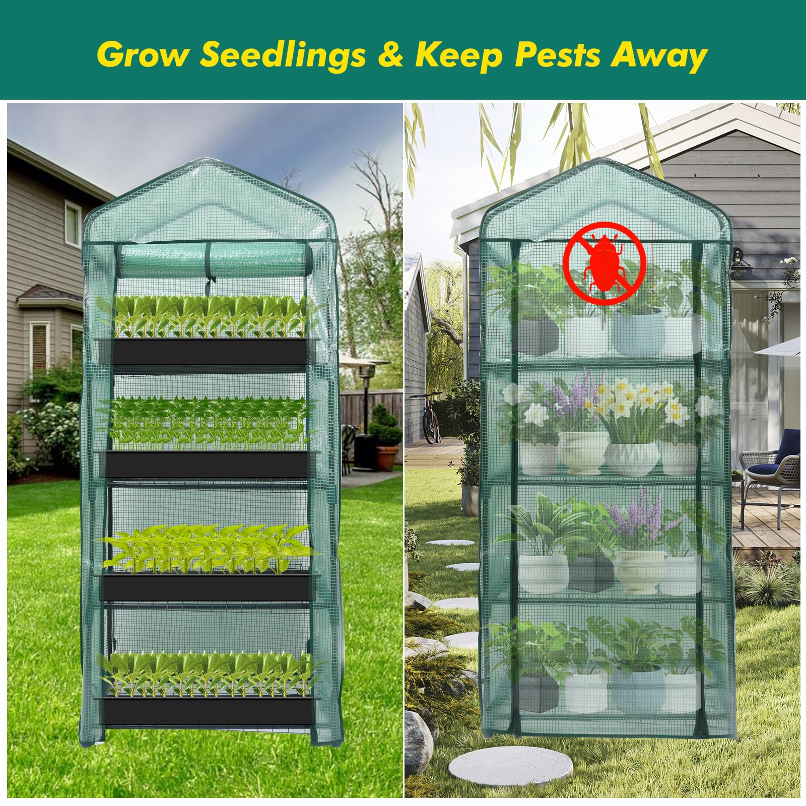 MaxWorks 51962 - Mini serra a 4 ripiani, 160 x 68 cm x 48 cm, copertura in polietilene con protezione UV, verde, per interni ed esterni, per giardinaggio, arrotolabile, con cerniera, per coltivare