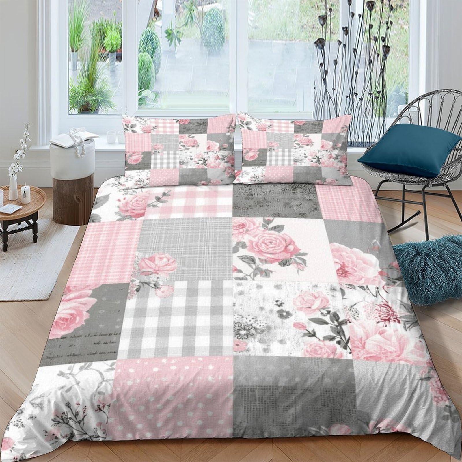 Ctjqhvkz Style-9 3D Printed Patchwork Floral Fitted Sheet Microfiber Soft Pink Grey Plaid Mattress Cover For Bedroom Guestroom Decor Single（135X200cm）