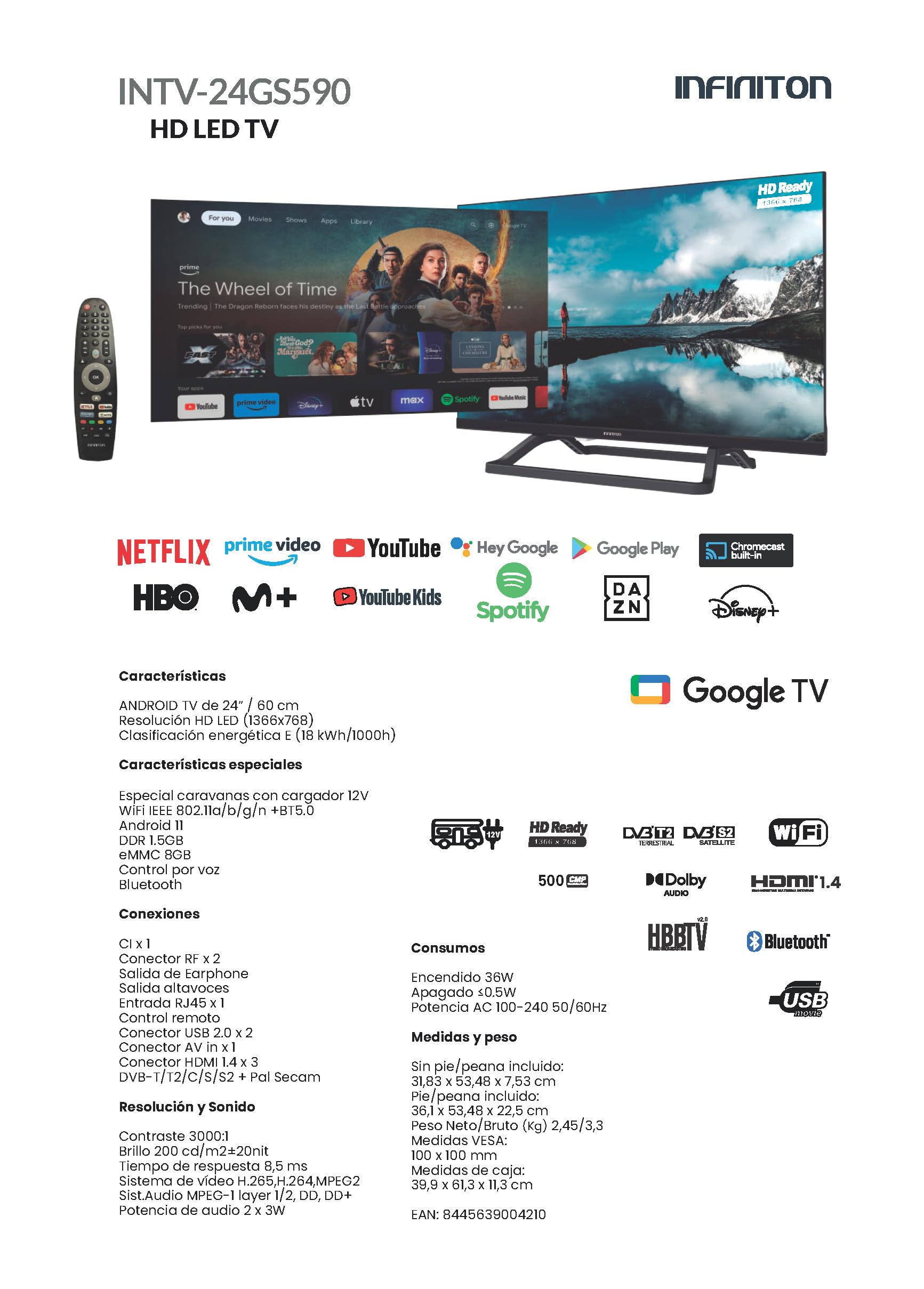 Infiniton TV LED INTV-24GS590 HD - Google TV Oficial - Smart TV - DVB-T2 & DVB-S2 - WiFi - USB Grabador (24 Pulgadas | INTV-24GS590)