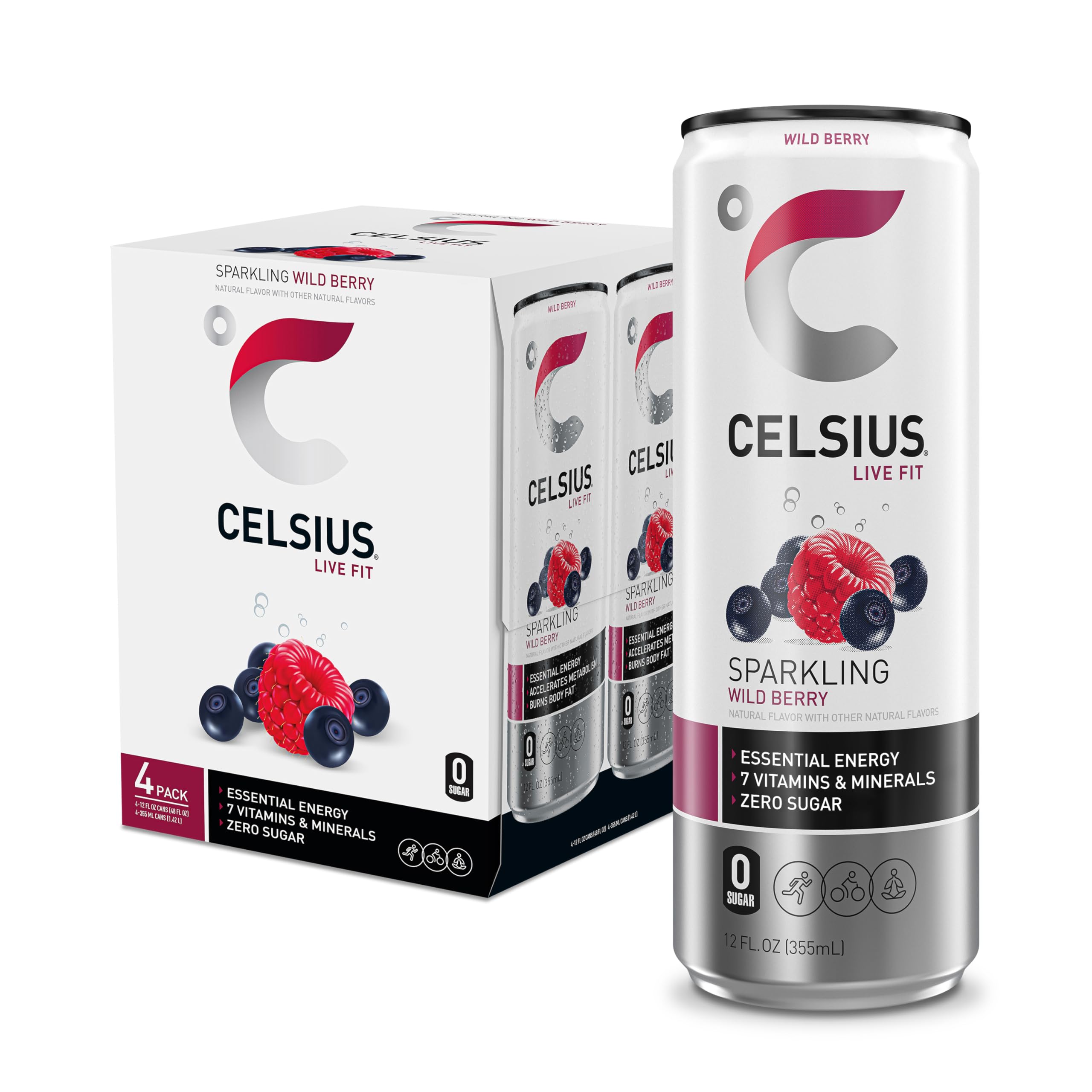 CELSIUS Sparkling Wild Berry Energy Drink, 12 Fl Oz Cans, 4 Pack