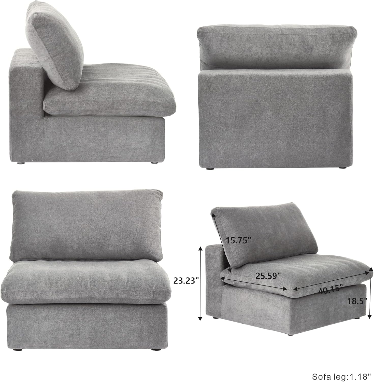 Down Filled Middle Seat,Cloud Modular Sectional Sofa,Minimalist Wide Deep Seat Couches for Office Apartment(Grey)