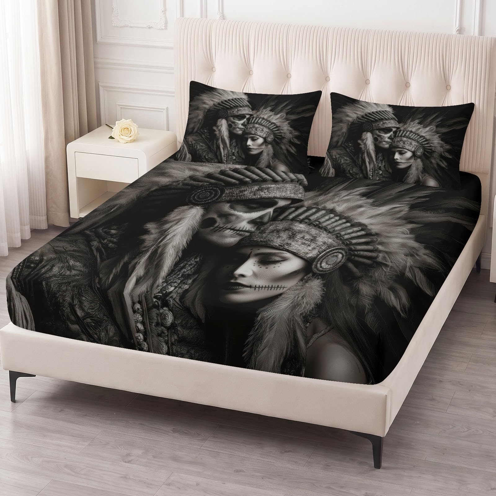 Prześcieradło z gumką 160 x 200 cm, gotyckie prześcieradło w stylu retro, miękkie, przyjazne dla skóry – materace do 30 cm, czarne trupie czaszki, figura pióra, pościel do sypialni, dekoracja z 2