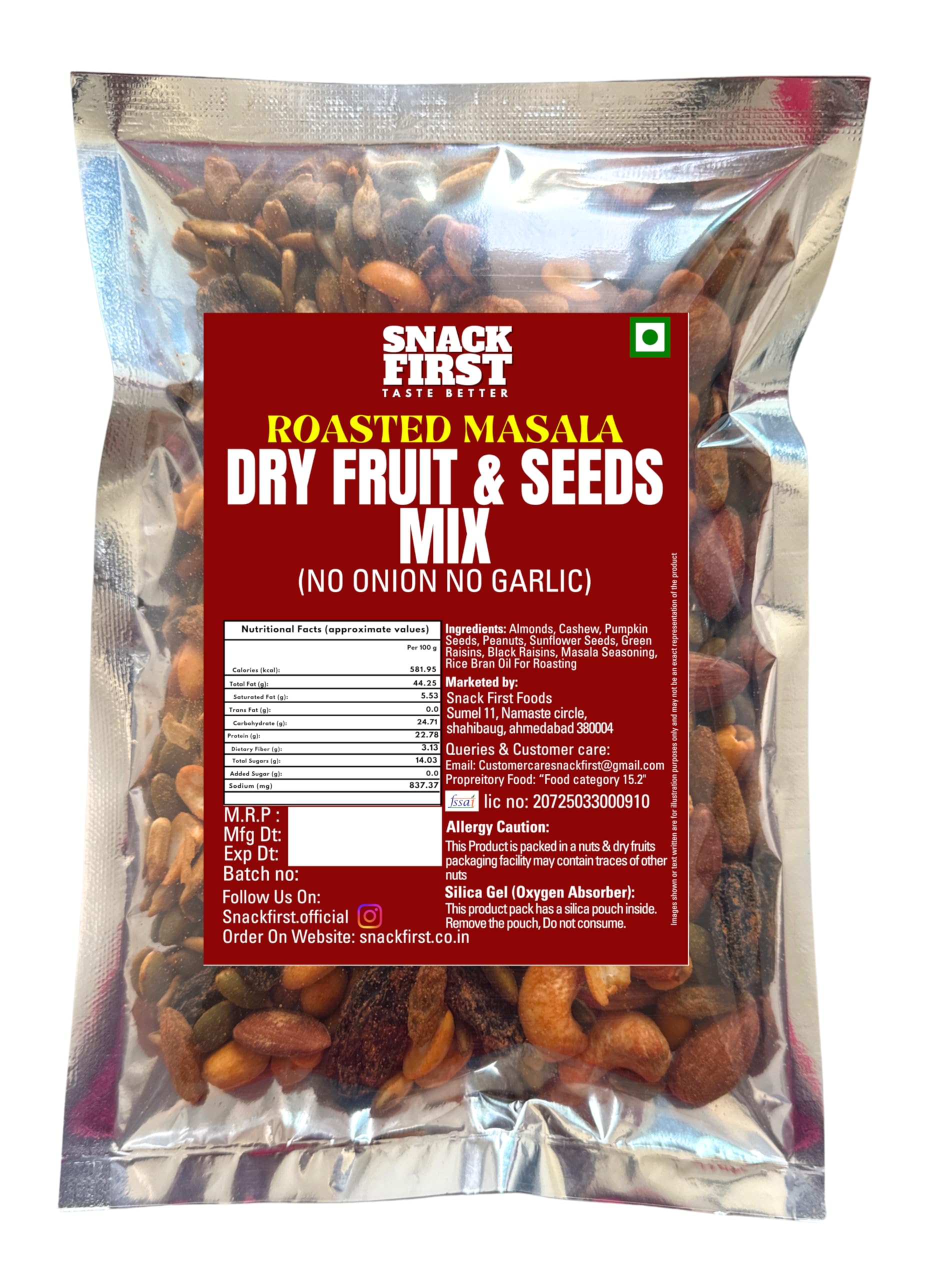 Snack First Roasted Masala Dry Fruit & Seeds Mix | No Onion No Garlic | No Palm Oil | 400G | masala dryfruit mixture | mixed dry Fruit & seeds | Almonds | Black Raisins | Cashewnuts | Pumpkin Seed | Sunflower Seed |Peanuts | Green Raisins | 7 In 1 Super Foods | Vitamin E | High protein | Healthy Snack, Gym Snack |