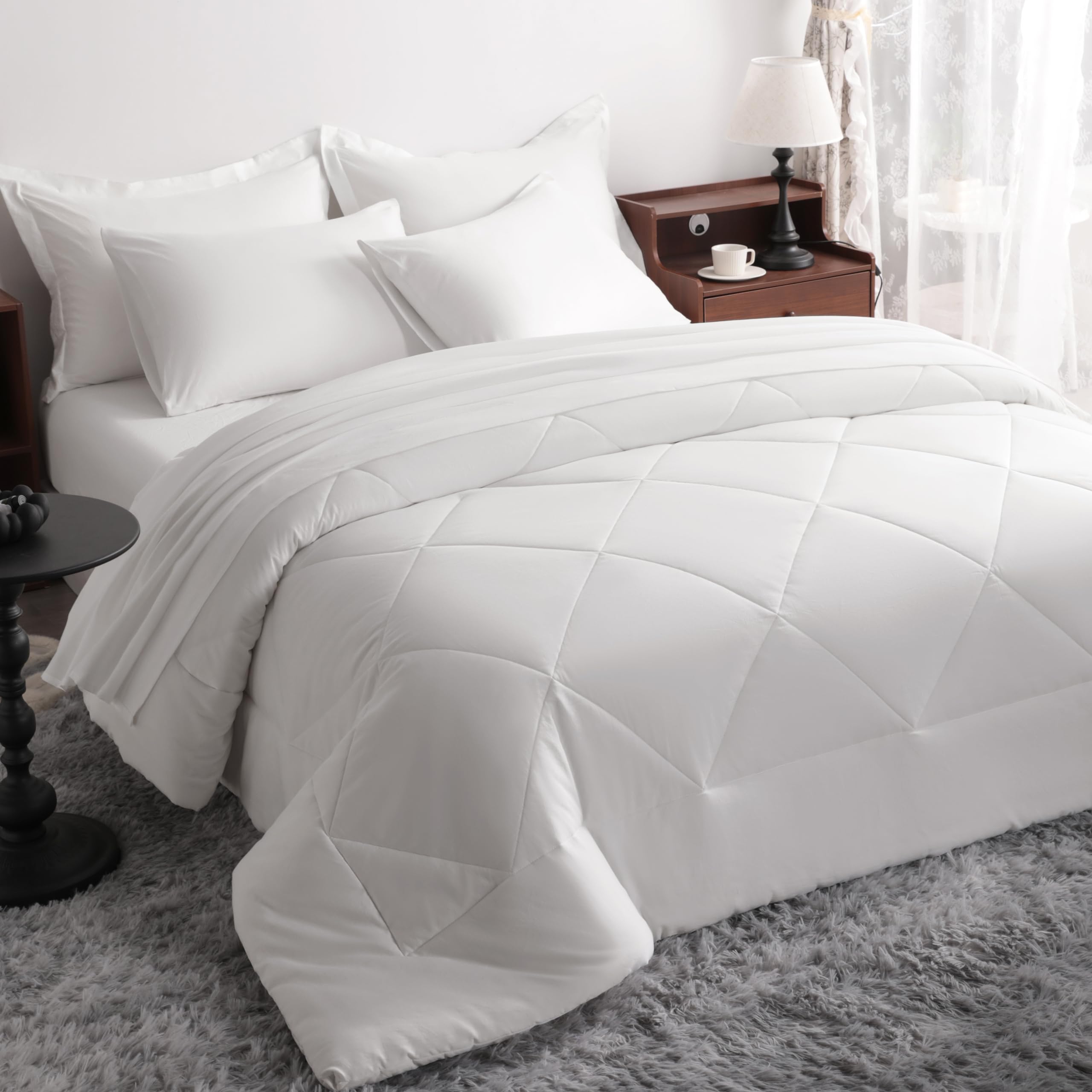 NTBAY King Microfiber Bed in a Bag, Comforter Set with Sheet 7 Piece, White