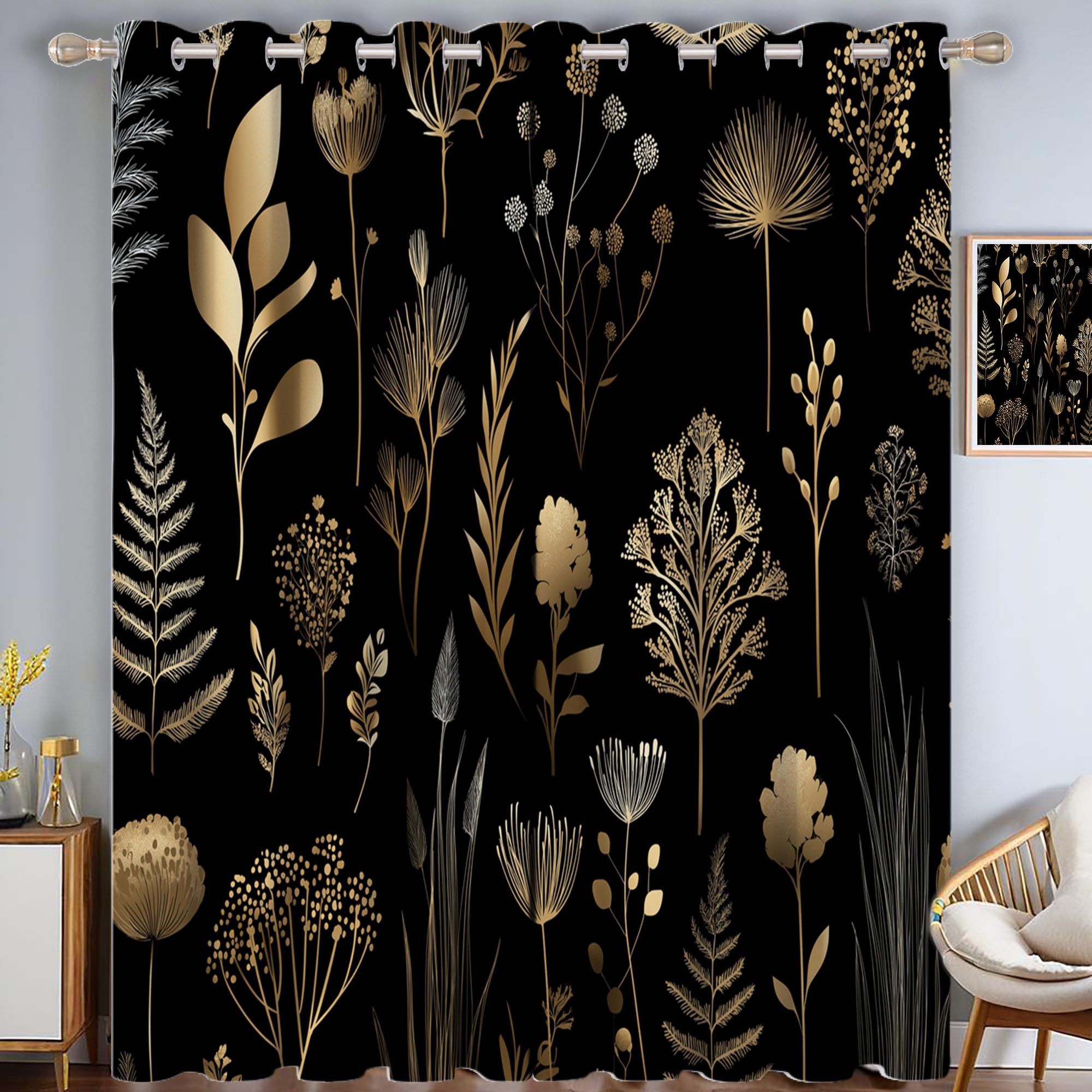 Rideau à oeillets fleurs et feuille d'or pour salon chic et chambre parentale cozy