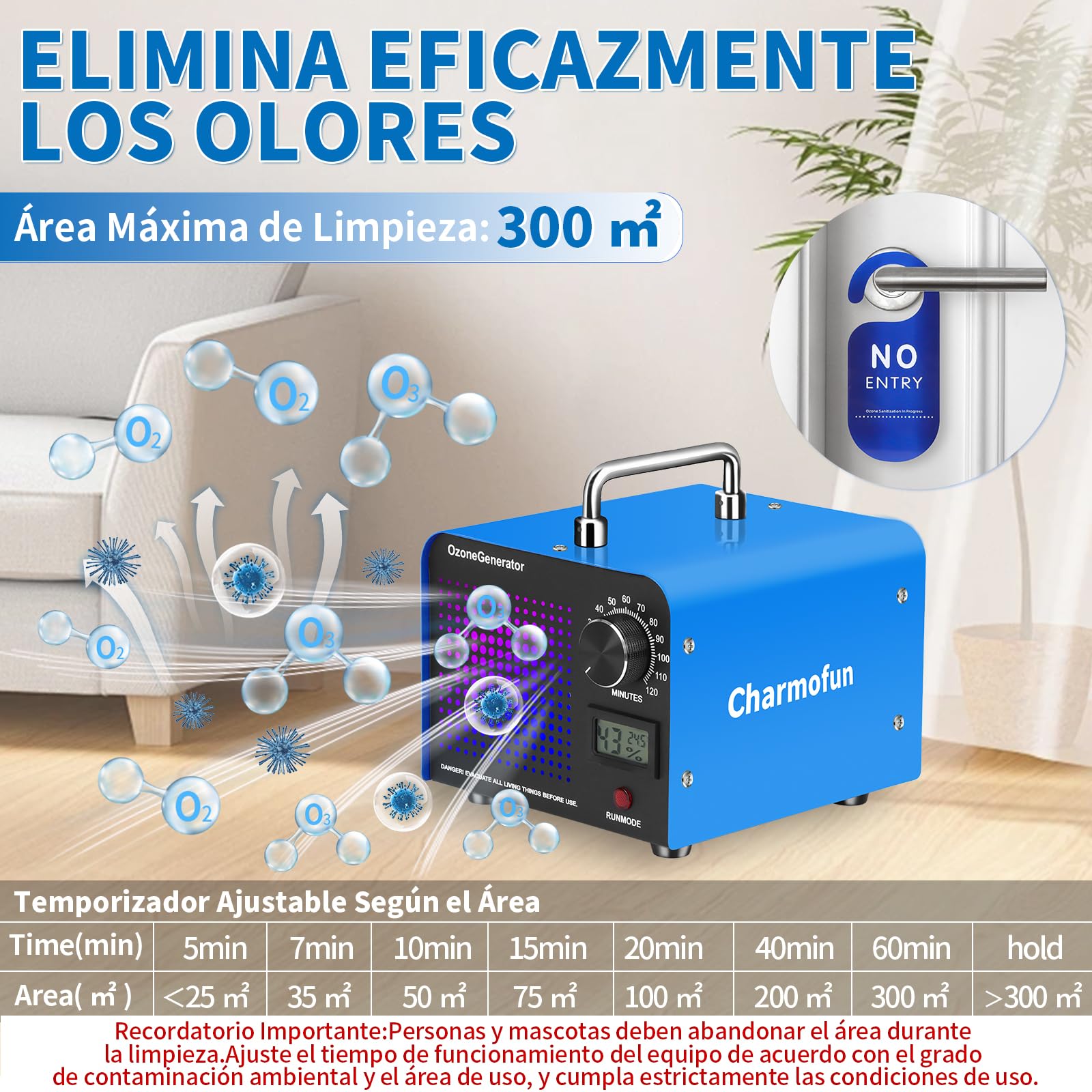 Charmofun Profesional Máquina de Ozono 60000mg/h, Generador de Ozono Hogar, Ozonizador con Temporizador, Ozono Hogar Purificador de Aire para Garajes, Coche, Mascotas (Azul)