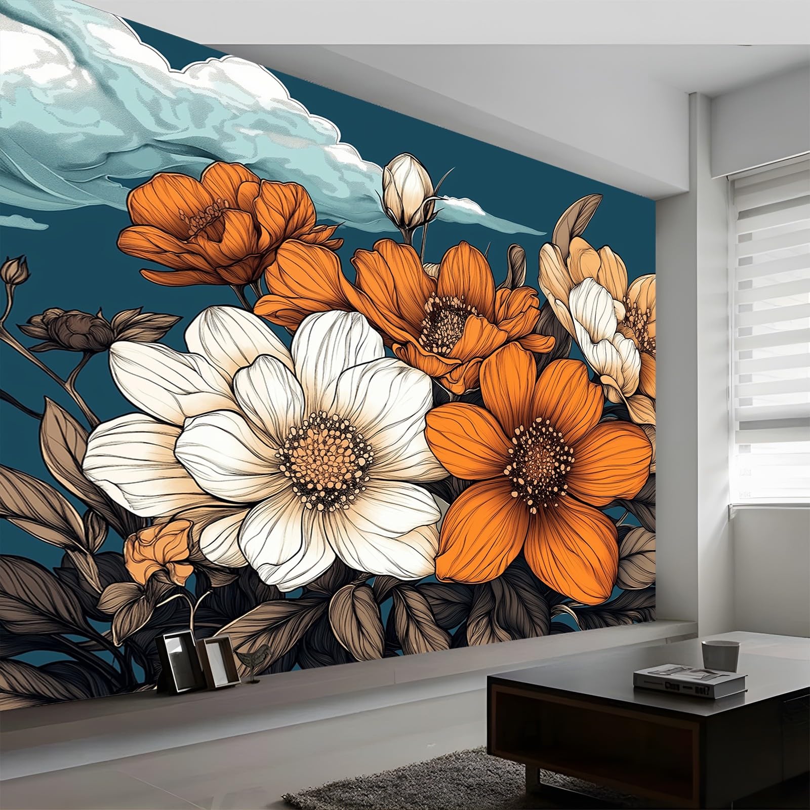 Panoramiczne Tapety Kwiaty Ręcznie Malowane Retro Tapety, Włókniny Plakat Mural 3D 300 x 210 cm, Salon Tapeta Sypialnia Pomarańczowy I Biały