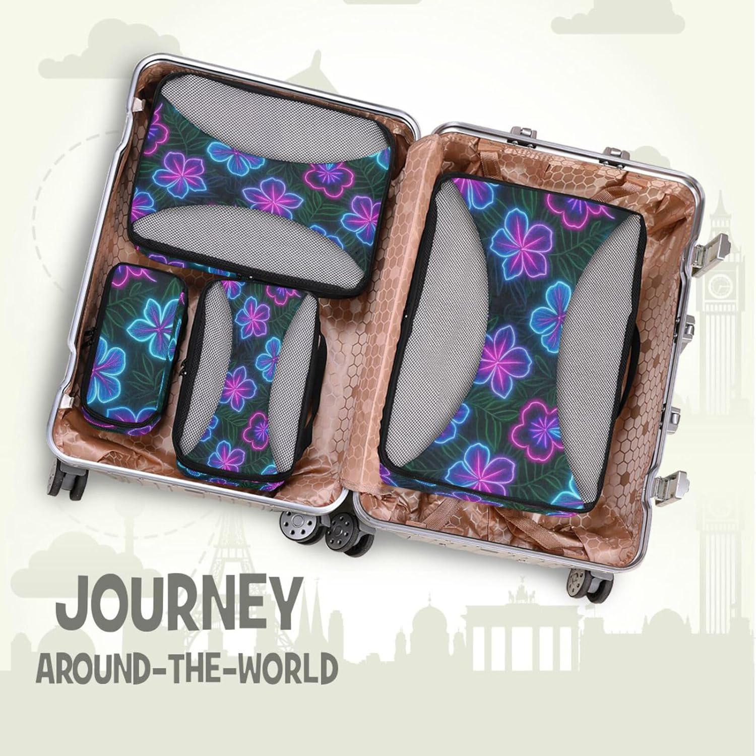 Colorful Fluorescent Neon Tropical Flowers 4 Pcs set travel organizers for Mesh Travel Essentials expandable packing cubes set